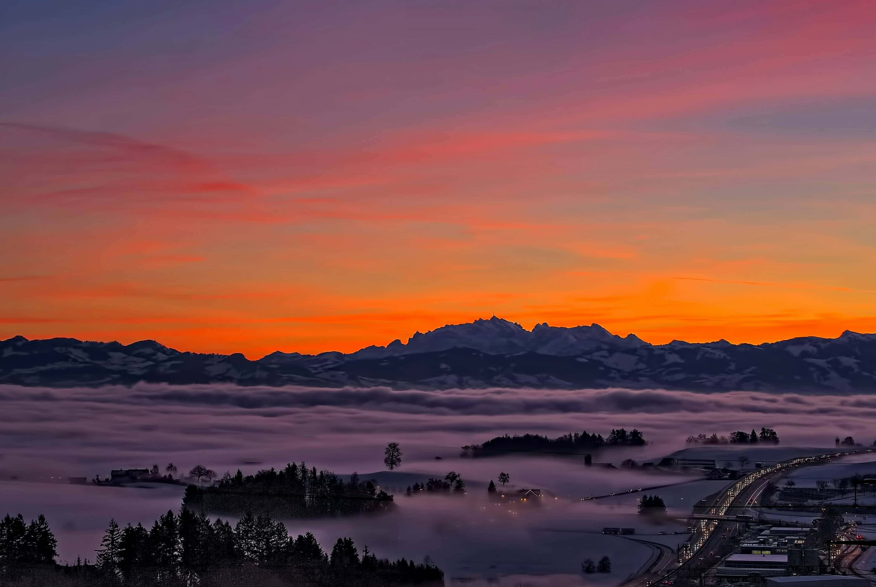 Horgen Switzerland, sunset, foggy, 2K Desktop Wallpaper