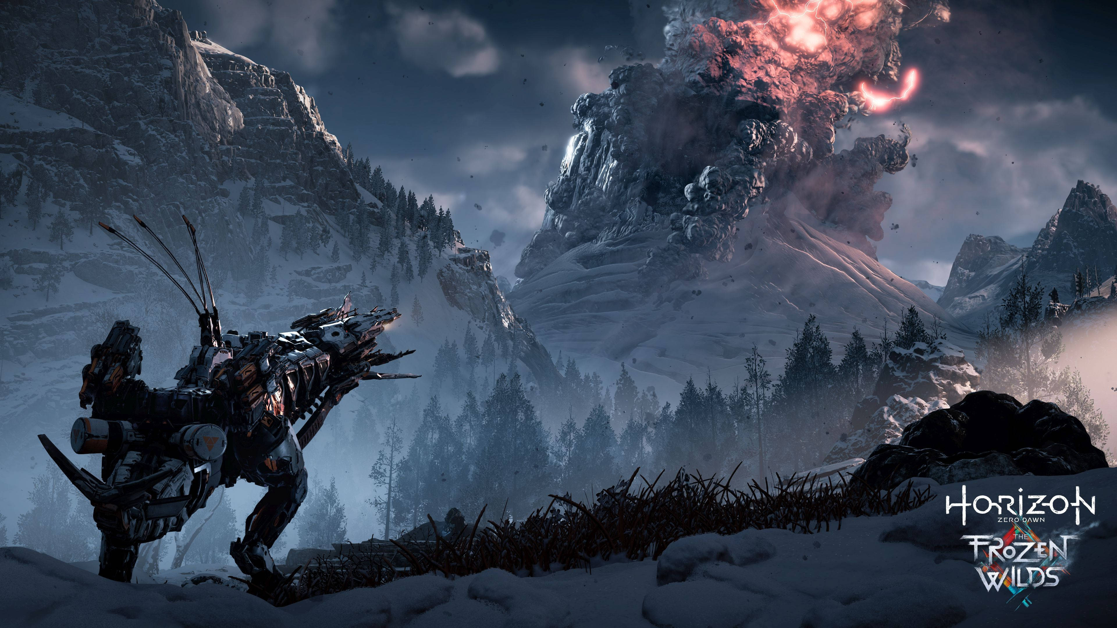 Horizon Zero Dawn, mechanical creature, snowy mountain valley, 4K Desktop Wallpaper