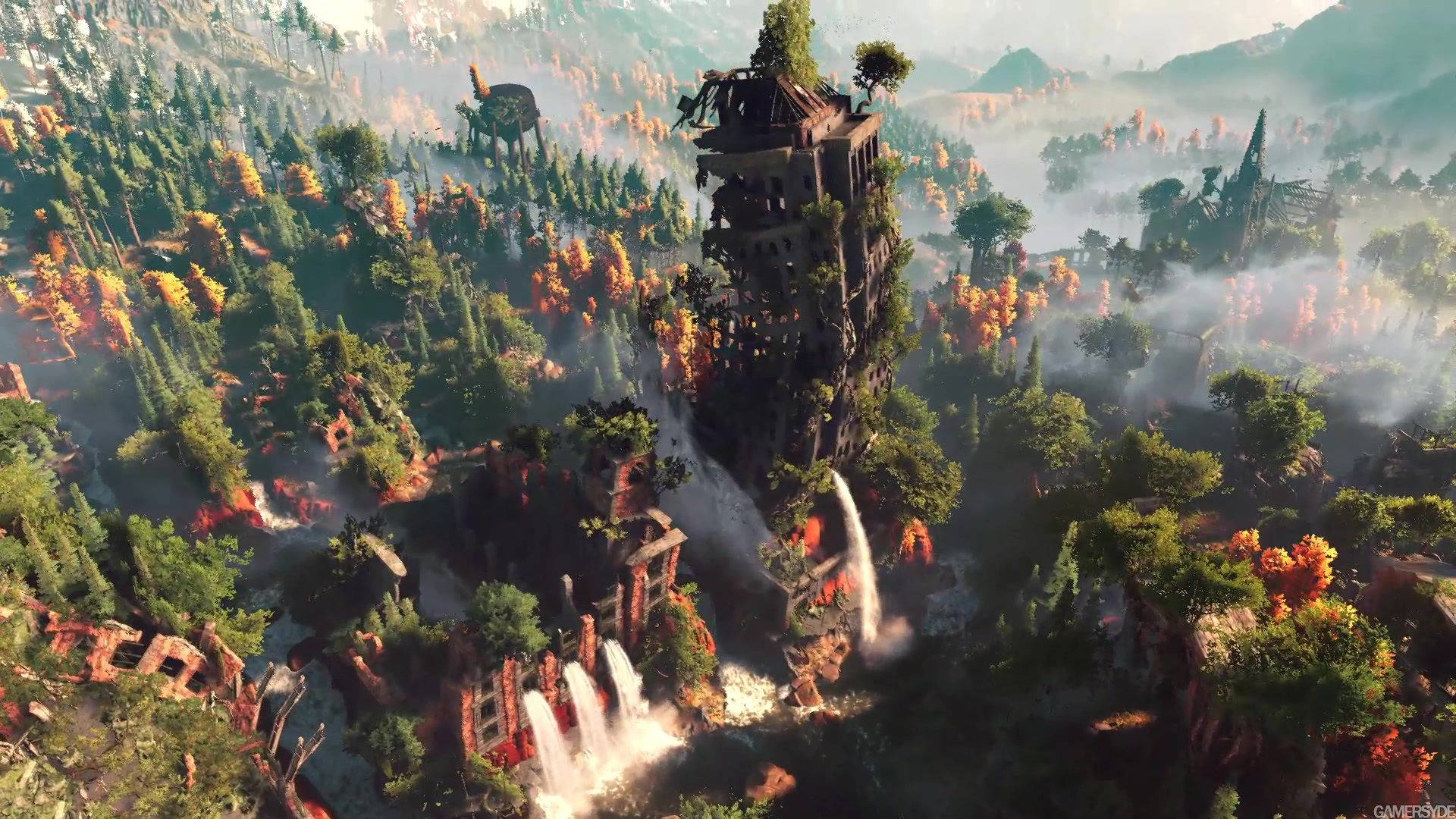 Horizon Zero Dawn, ancient ruin, misty forest, Full HD Desktop Wallpaper