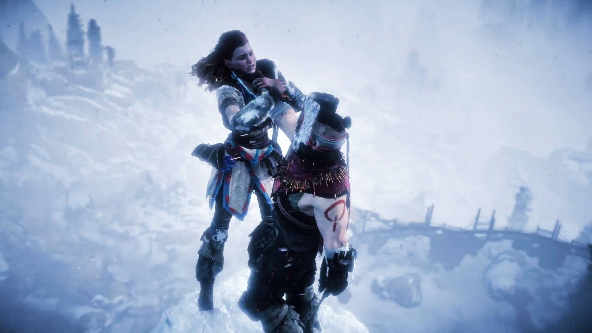 Horizon Zero Dawn, warrior woman, snow-covered cliffside, Full HD Desktop Wallpaper