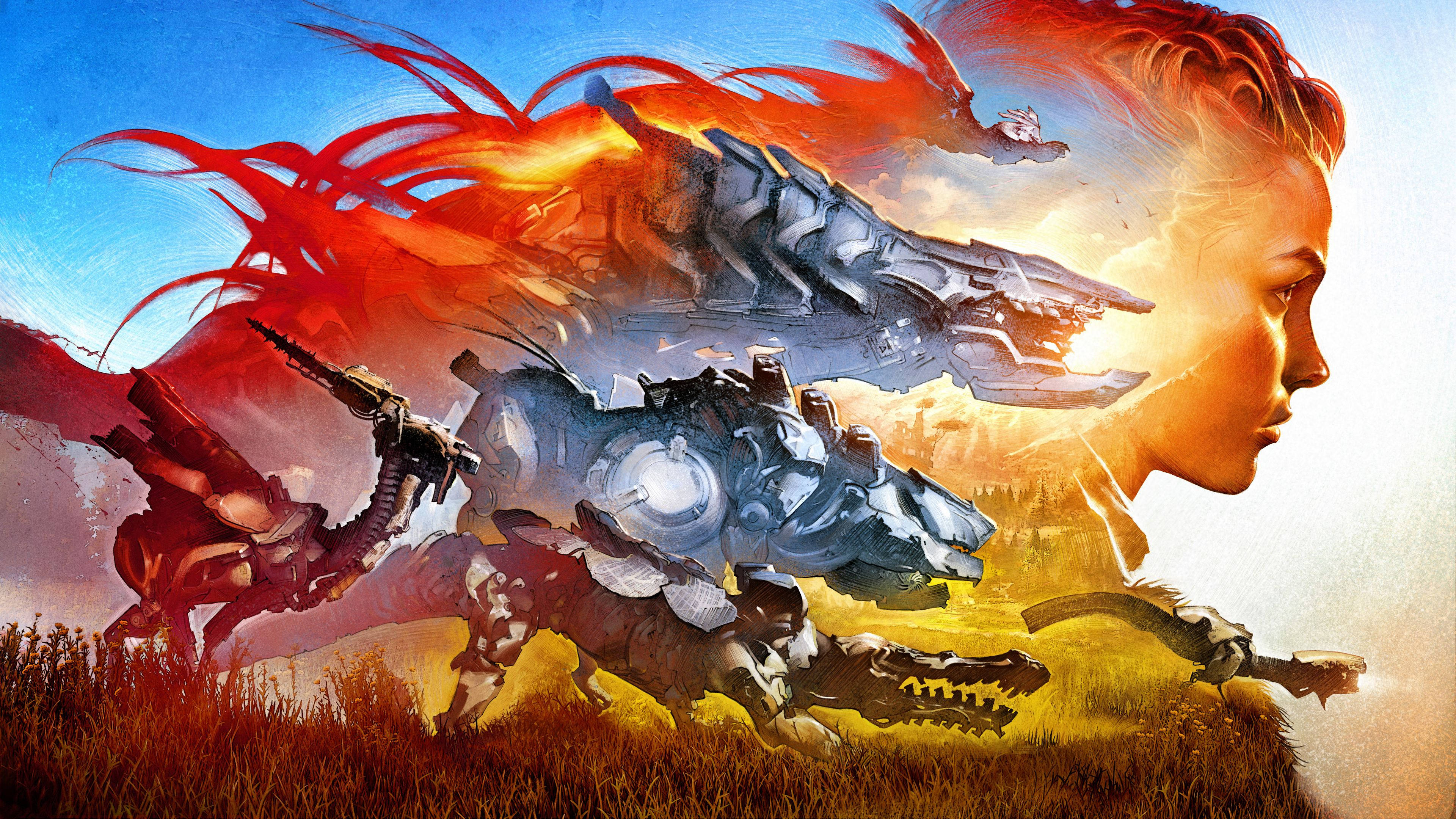 Horizon Zero Dawn, mechanical beast, fiery red hair, 4K Desktop Wallpaper