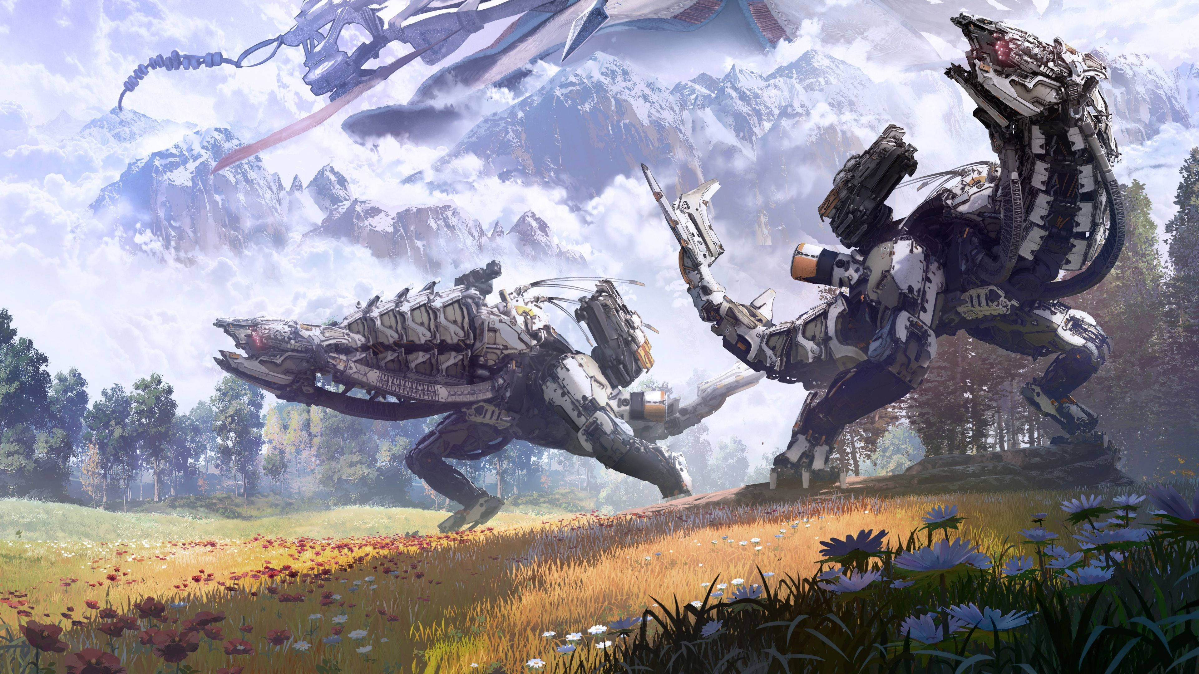 Horizon Zero Dawn, biomechanical creatures, sunlit meadow, 4K Desktop Wallpaper