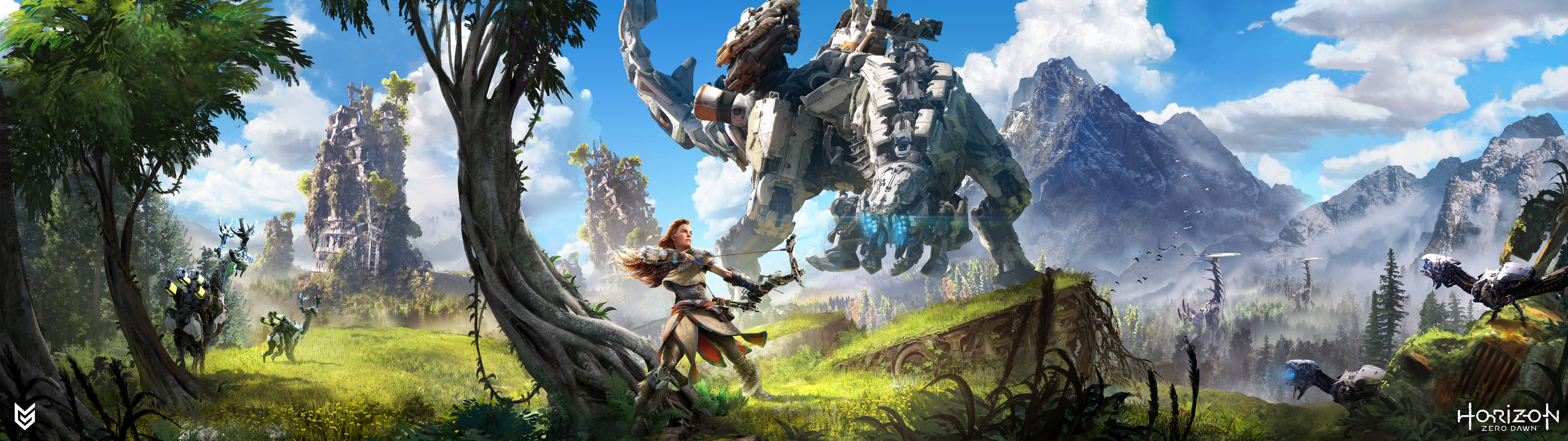Horizon Zero Dawn, giant mechanical beast, lush green valley, 5K Desktop Wallpaper