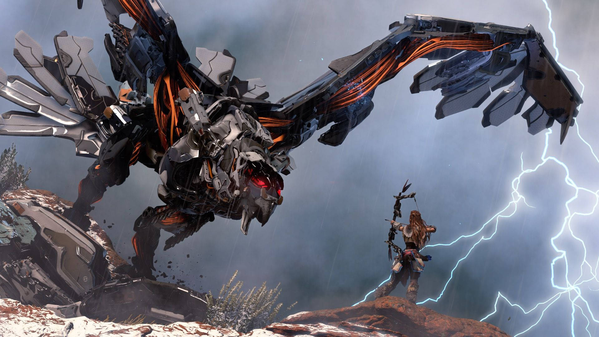 Horizon Zero Dawn, warrior with bow, massive mechanical dragon, Full HD Desktop Wallpaper