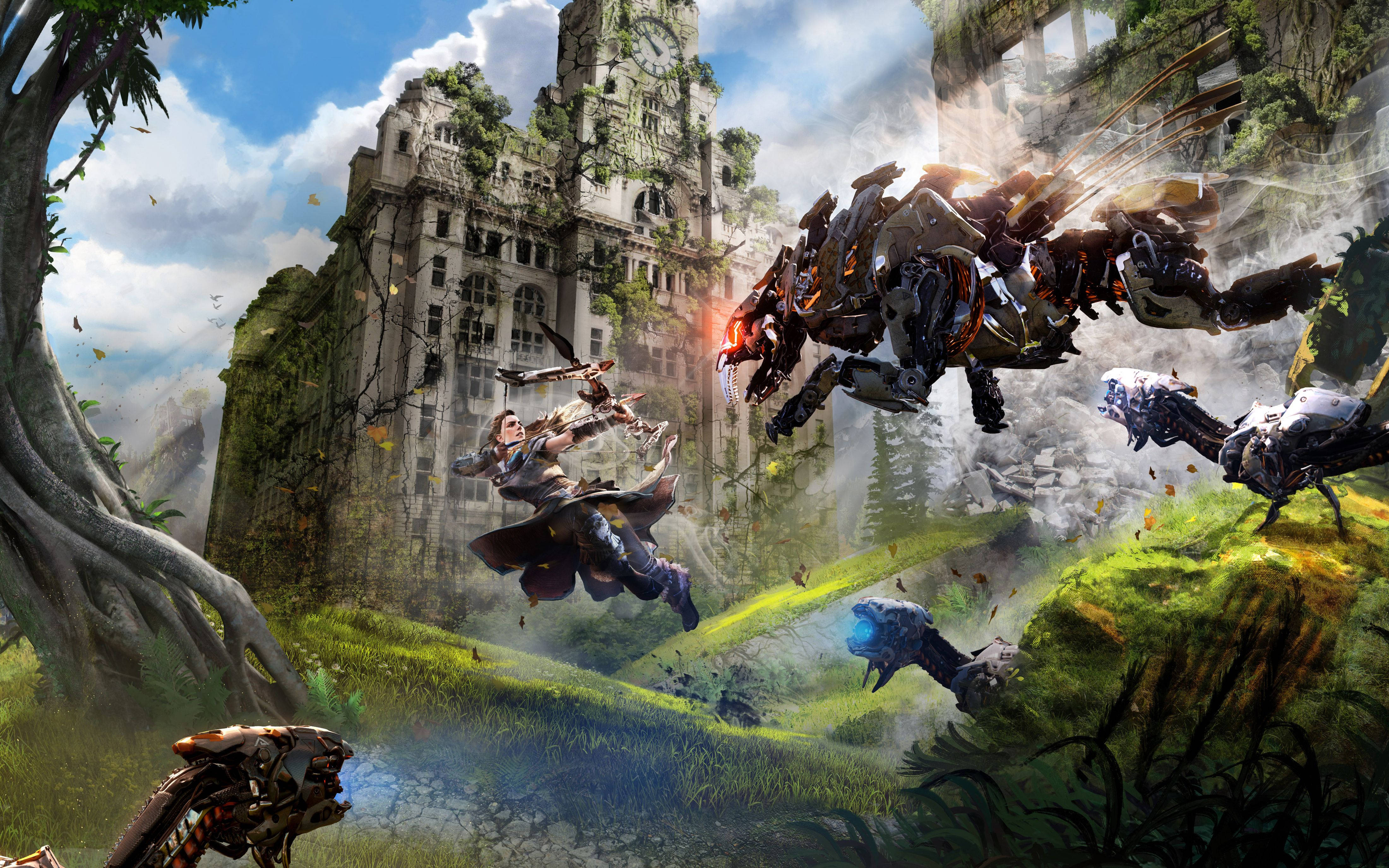 Horizon Zero Dawn, warrior, mechanical beasts, 4K Desktop Wallpaper