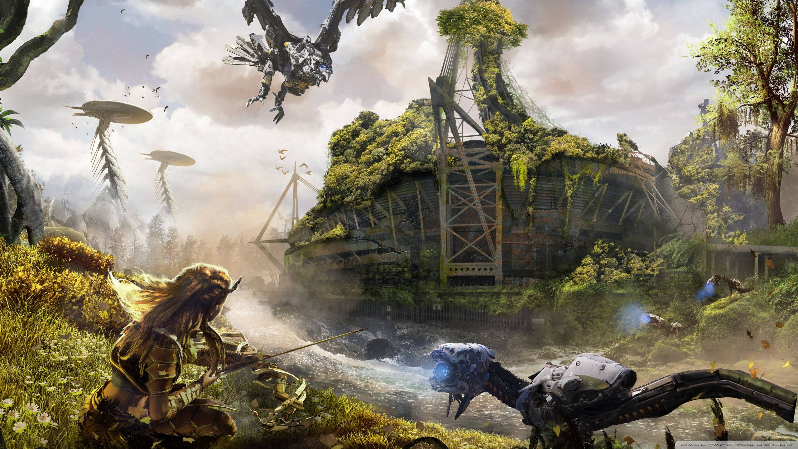 Horizon Zero Dawn, warrior with long hair, robotic creatures, 2K Desktop Wallpaper