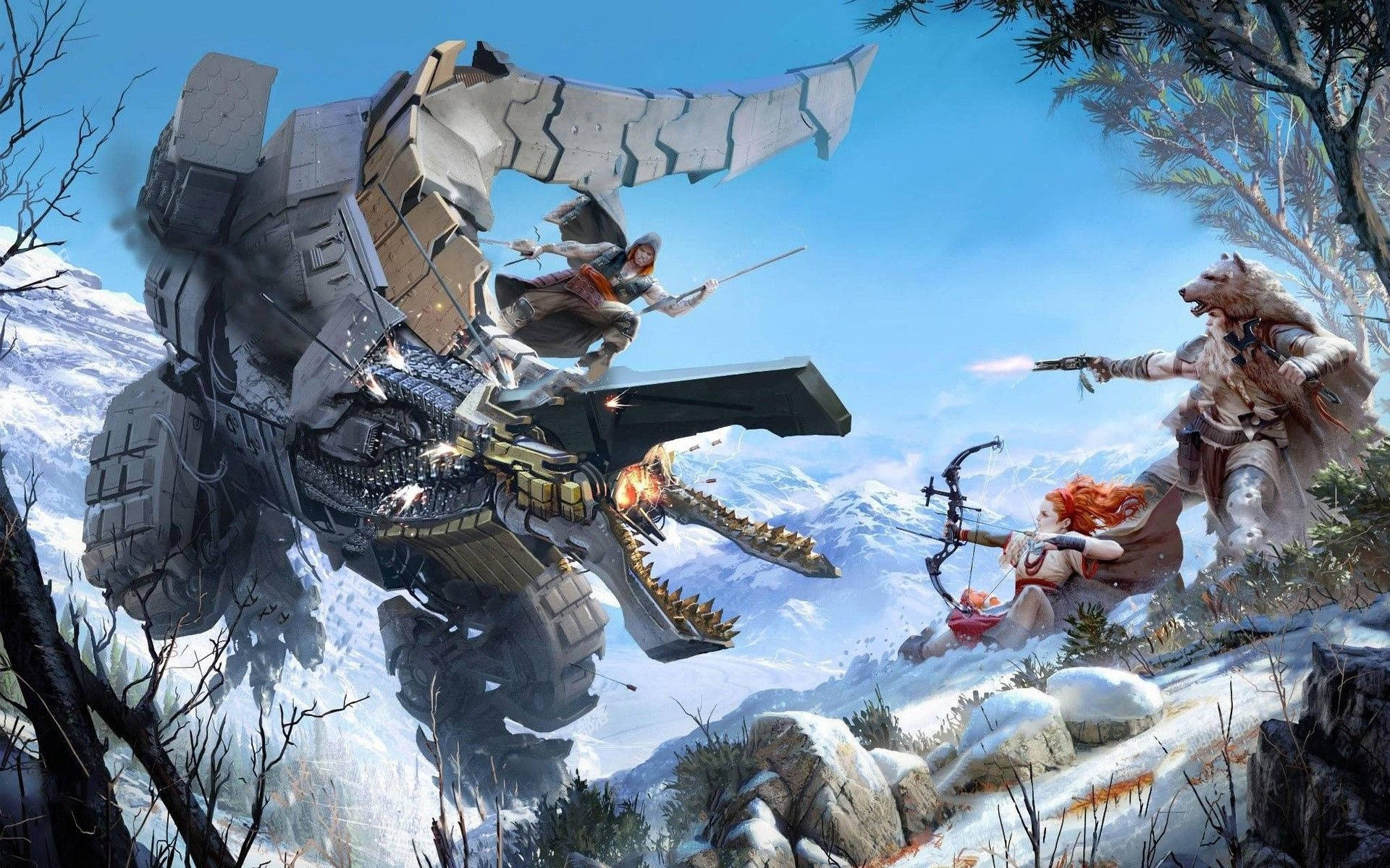 Horizon Zero Dawn, mechanical dragon, snowy mountain valley, Full HD Desktop Wallpaper