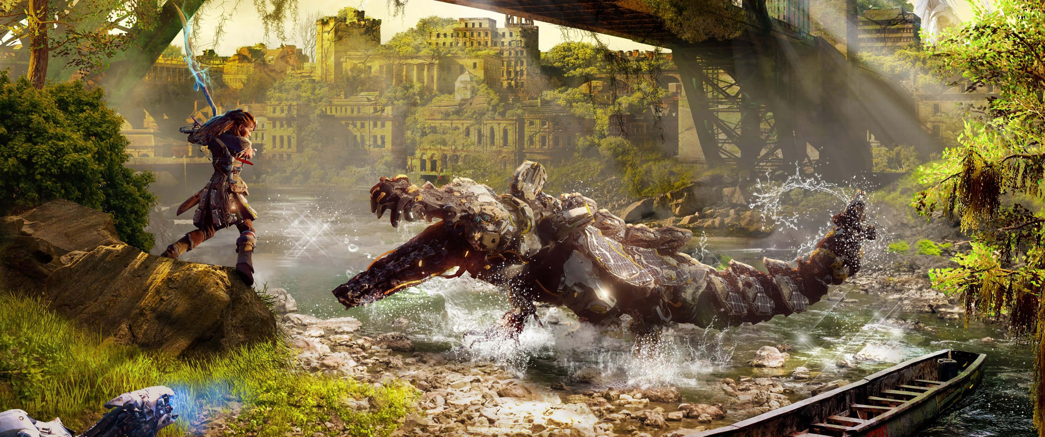 Horizon Zero Dawn, warrior, glowing sword, 2K Desktop Wallpaper