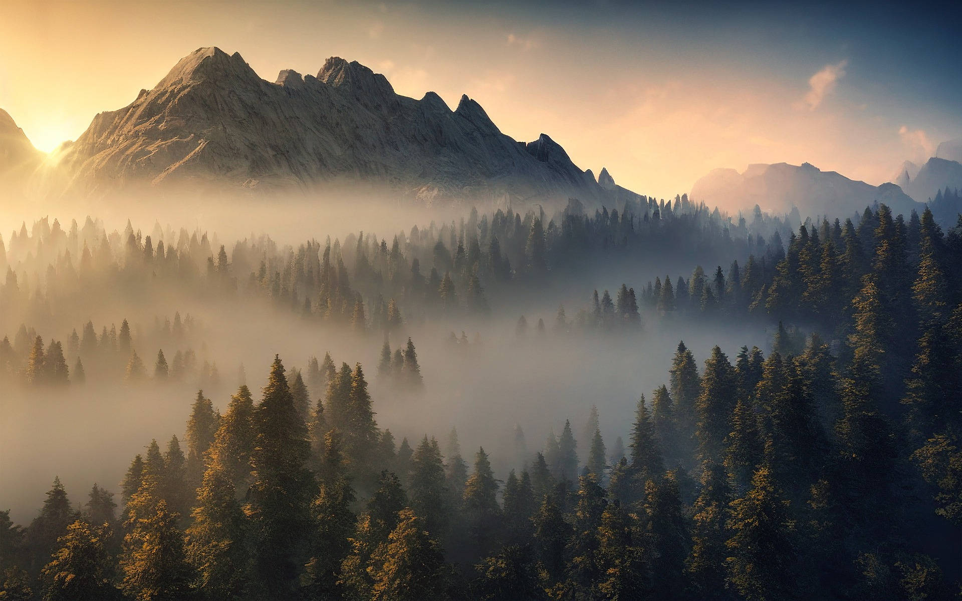 Dawn Over The Woods, sunlight, misty peaks, Full HD Desktop Wallpaper