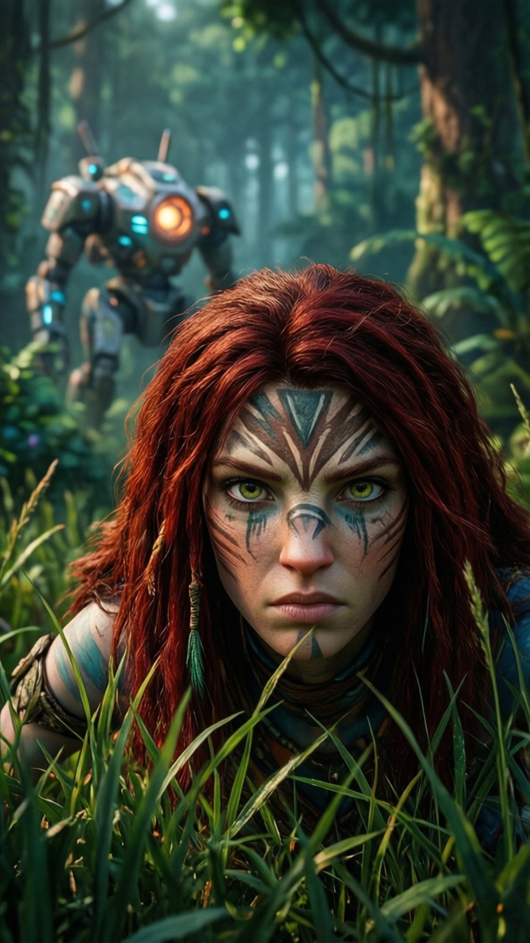 red-haired warrior, tribal face paint, glowing mechanical robot, Full HD Phone Wallpaper