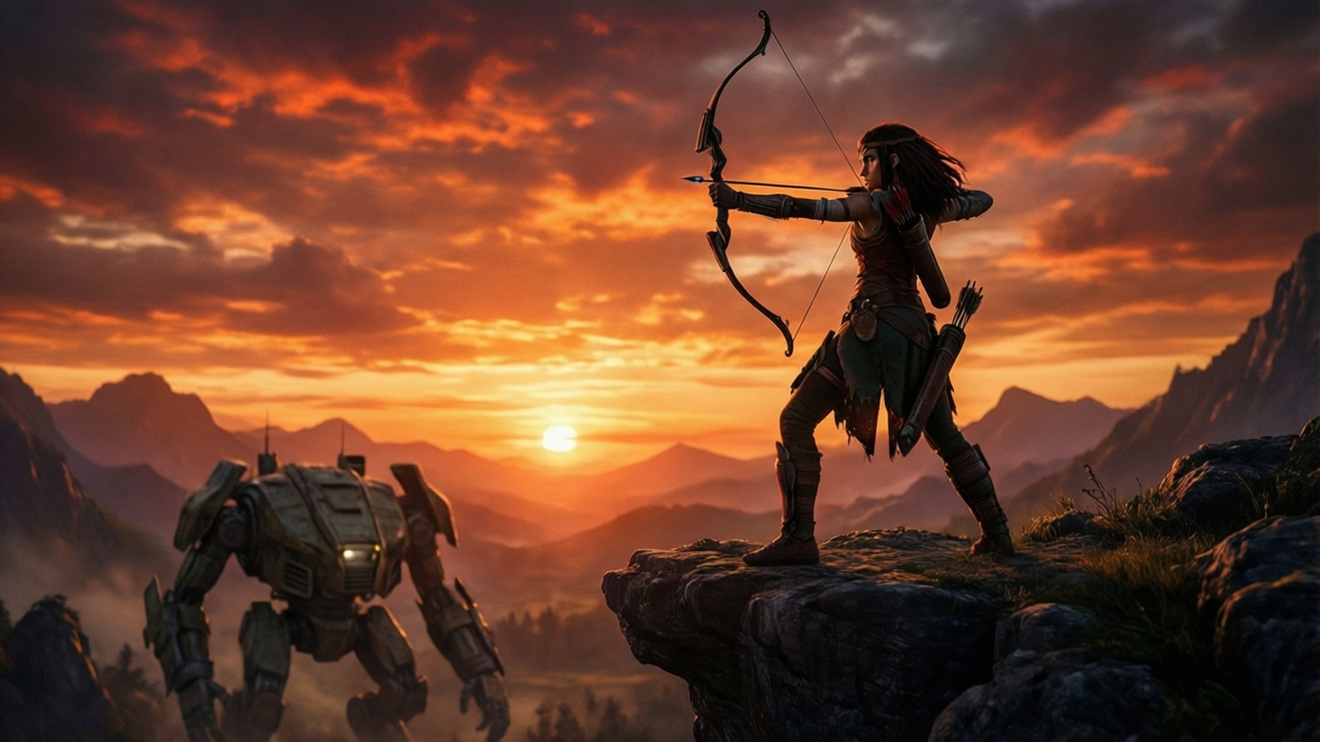 Sunset Warrior, warrior woman, cliff, Full HD Desktop Wallpaper