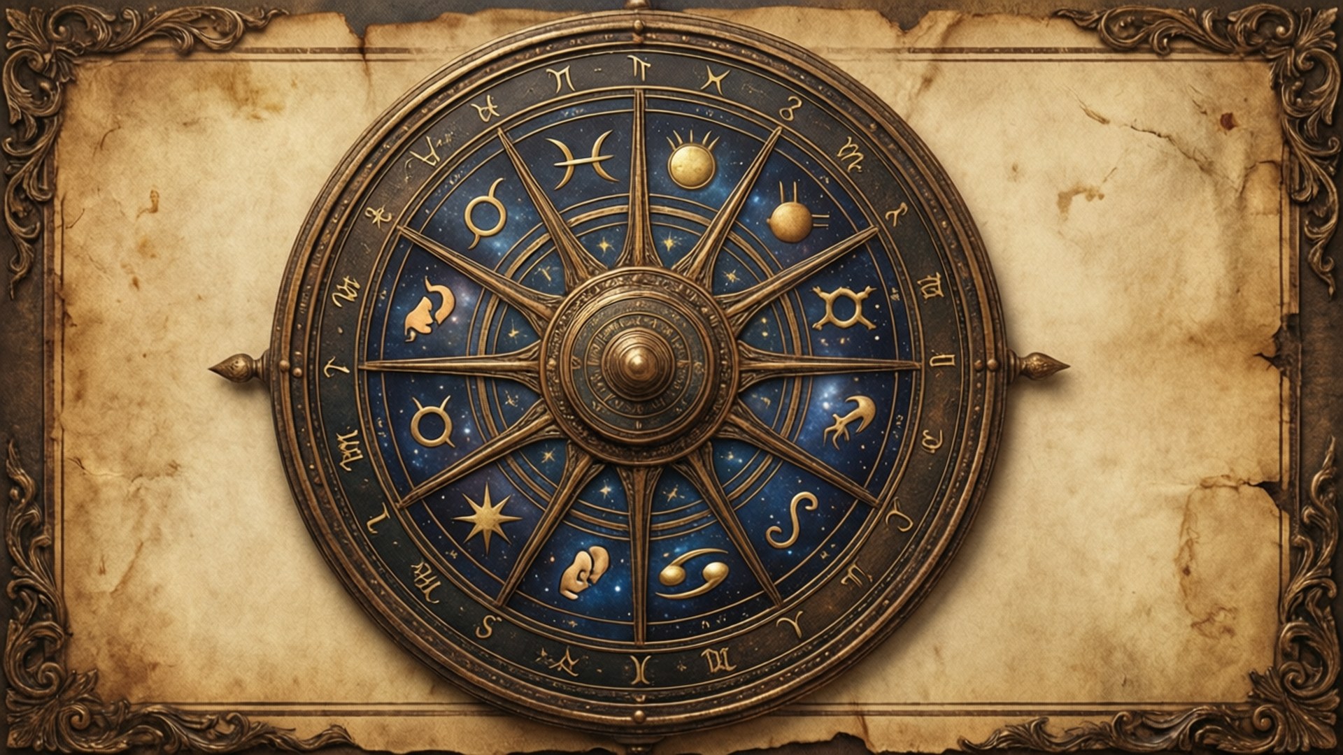 vintage birth chart, golden zodiac wheel, twelve astrological symbols, Full HD Desktop Wallpaper