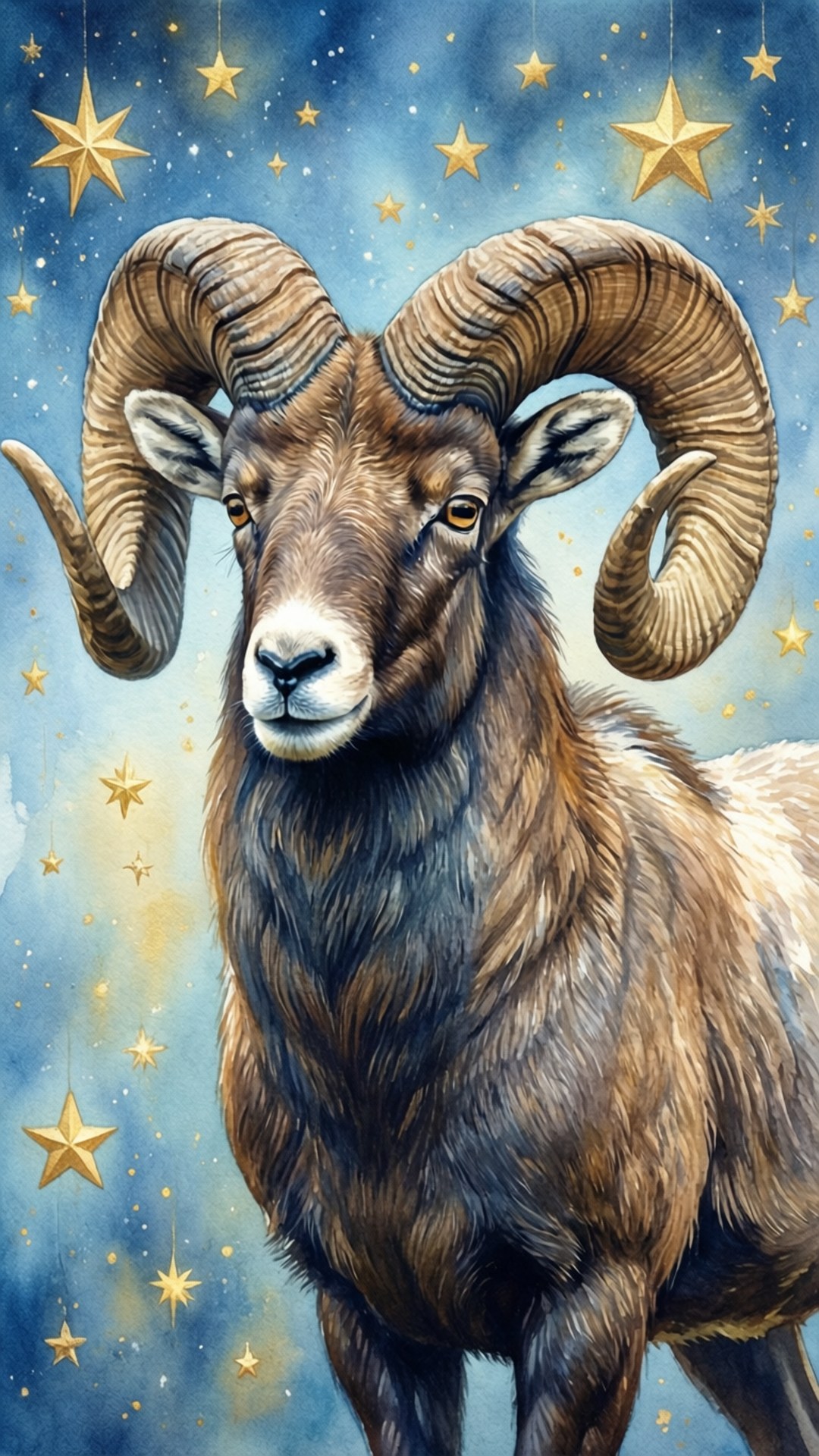 Watercolor Aries Ram, starry blue sky, golden stars, Full HD Phone Wallpaper