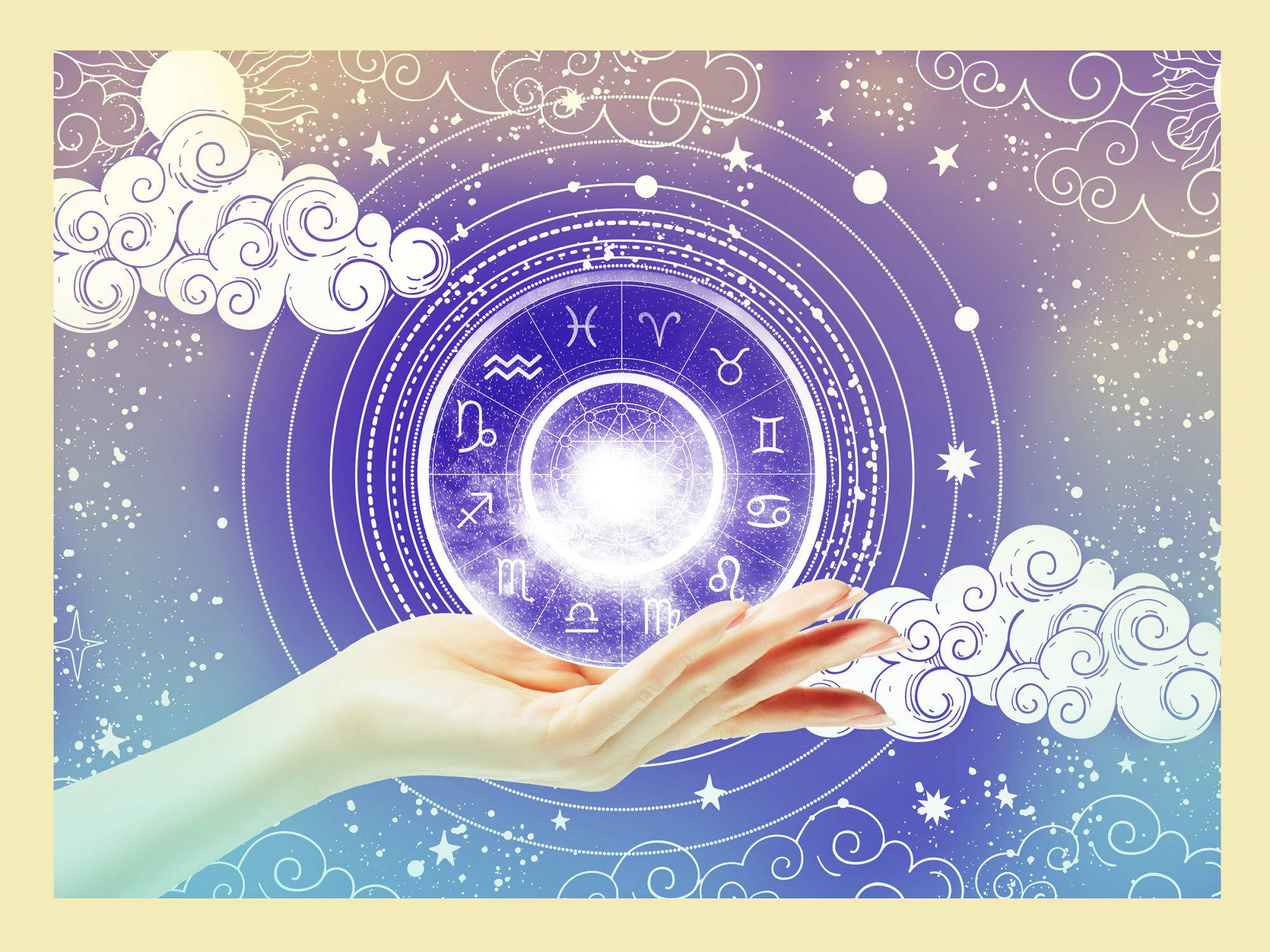 zodiac wheel, starry purple sky, swirling clouds, Full HD Desktop Wallpaper