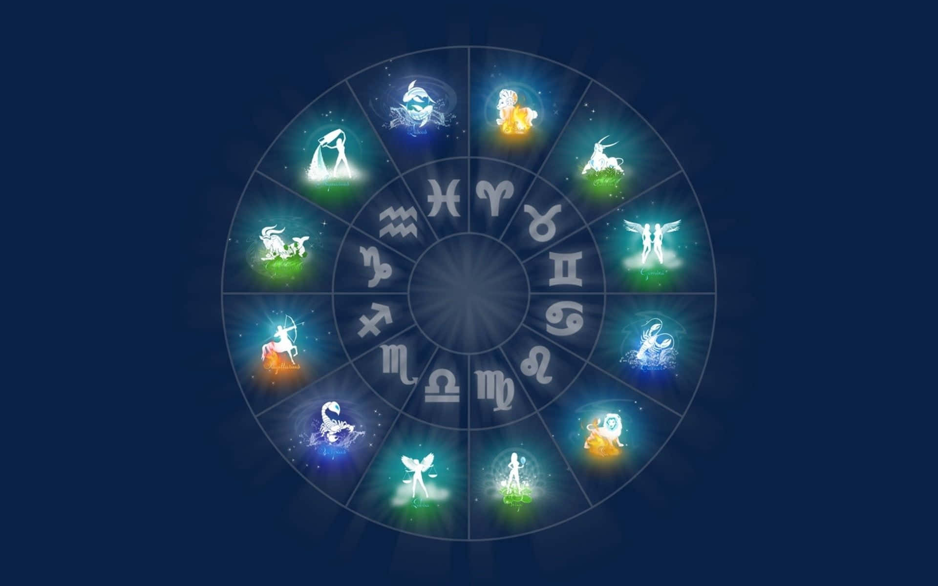 zodiac wheel, twelve colorful astrological signs, deep blue cosmic background, Full HD Desktop Wallpaper