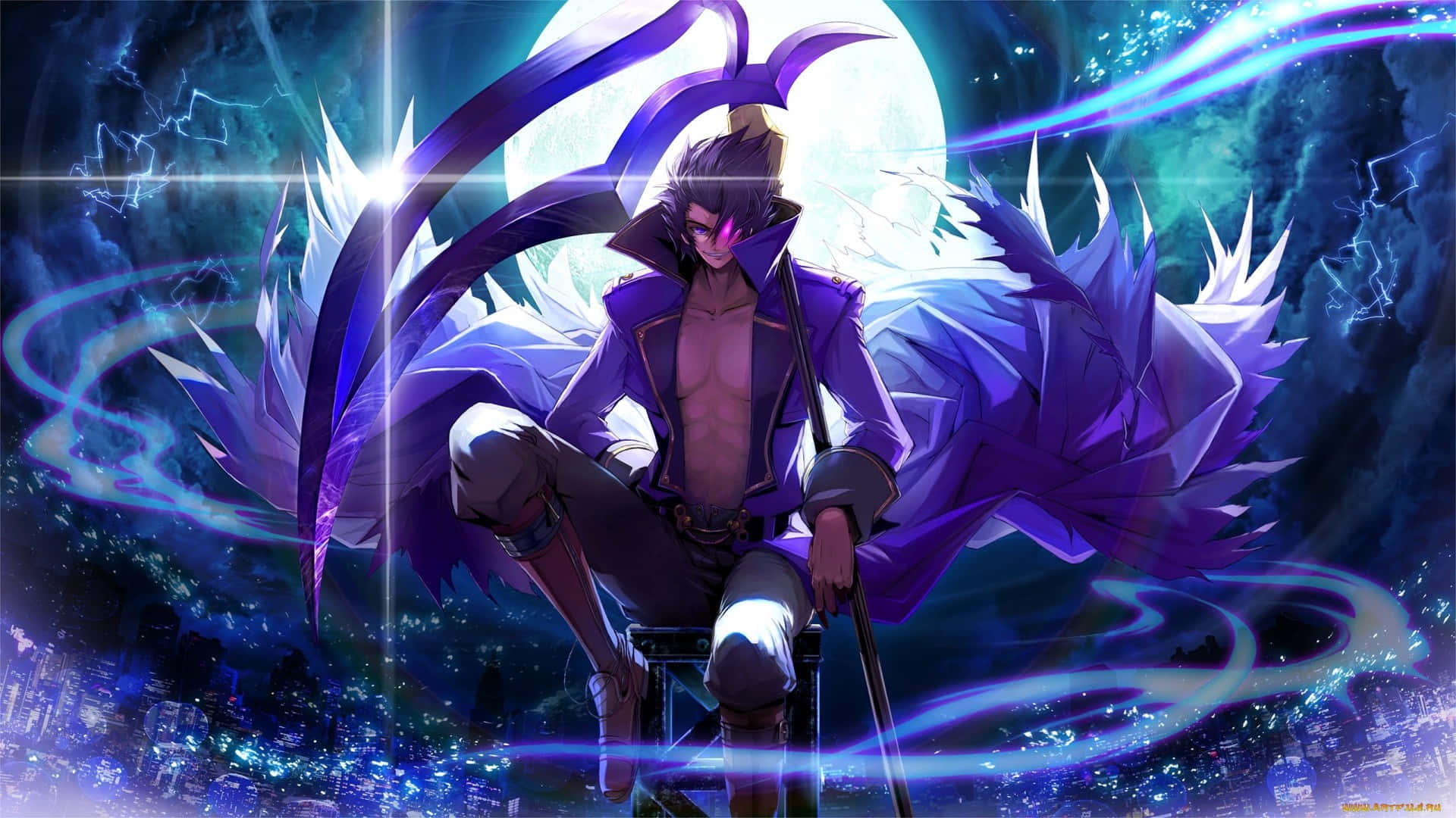 horror anime boy, purple wings, glowing eyes, Full HD Desktop Wallpaper