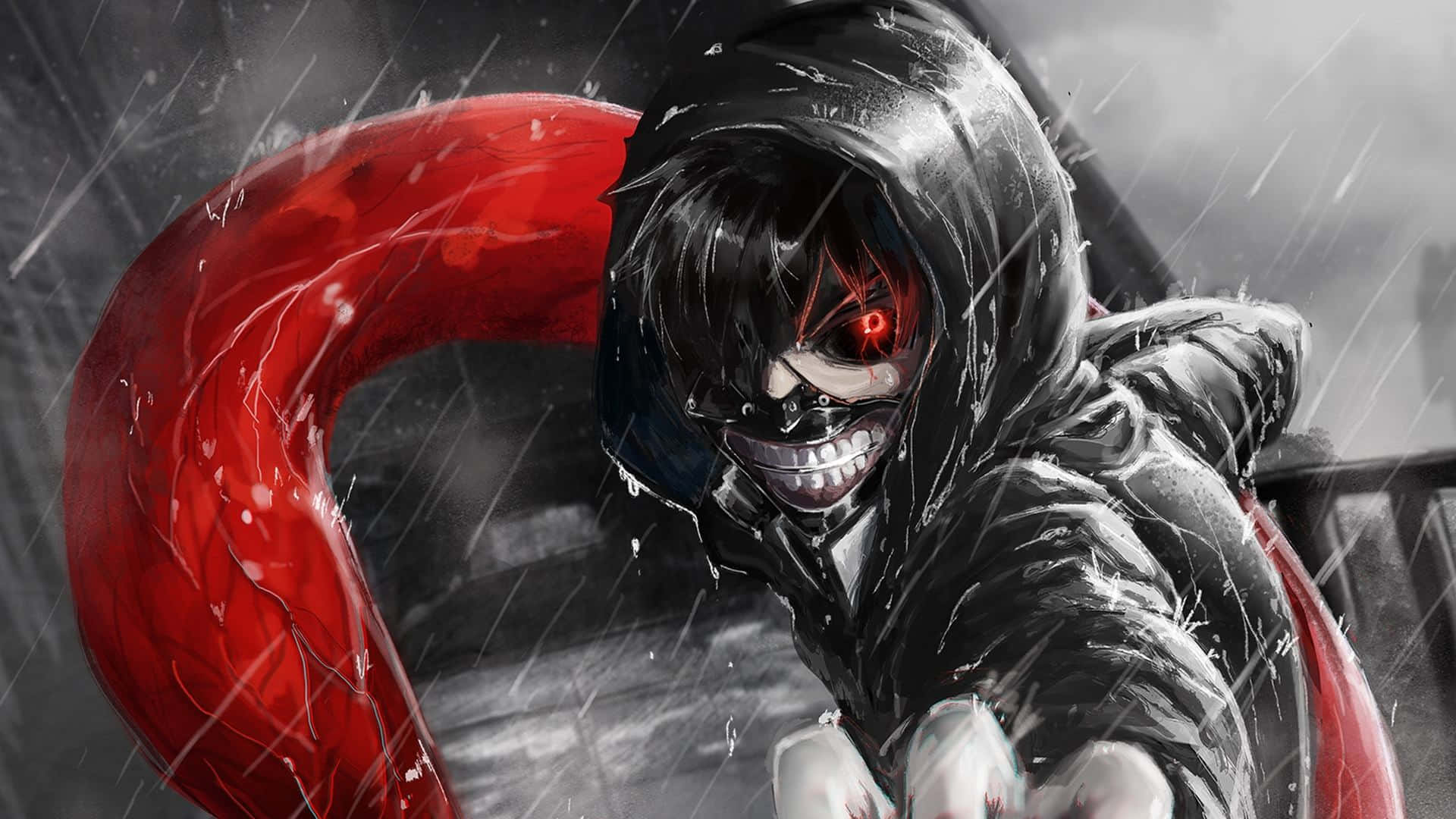 Horror Anime Boy, glowing red eyes, wide grin, Full HD Desktop Wallpaper