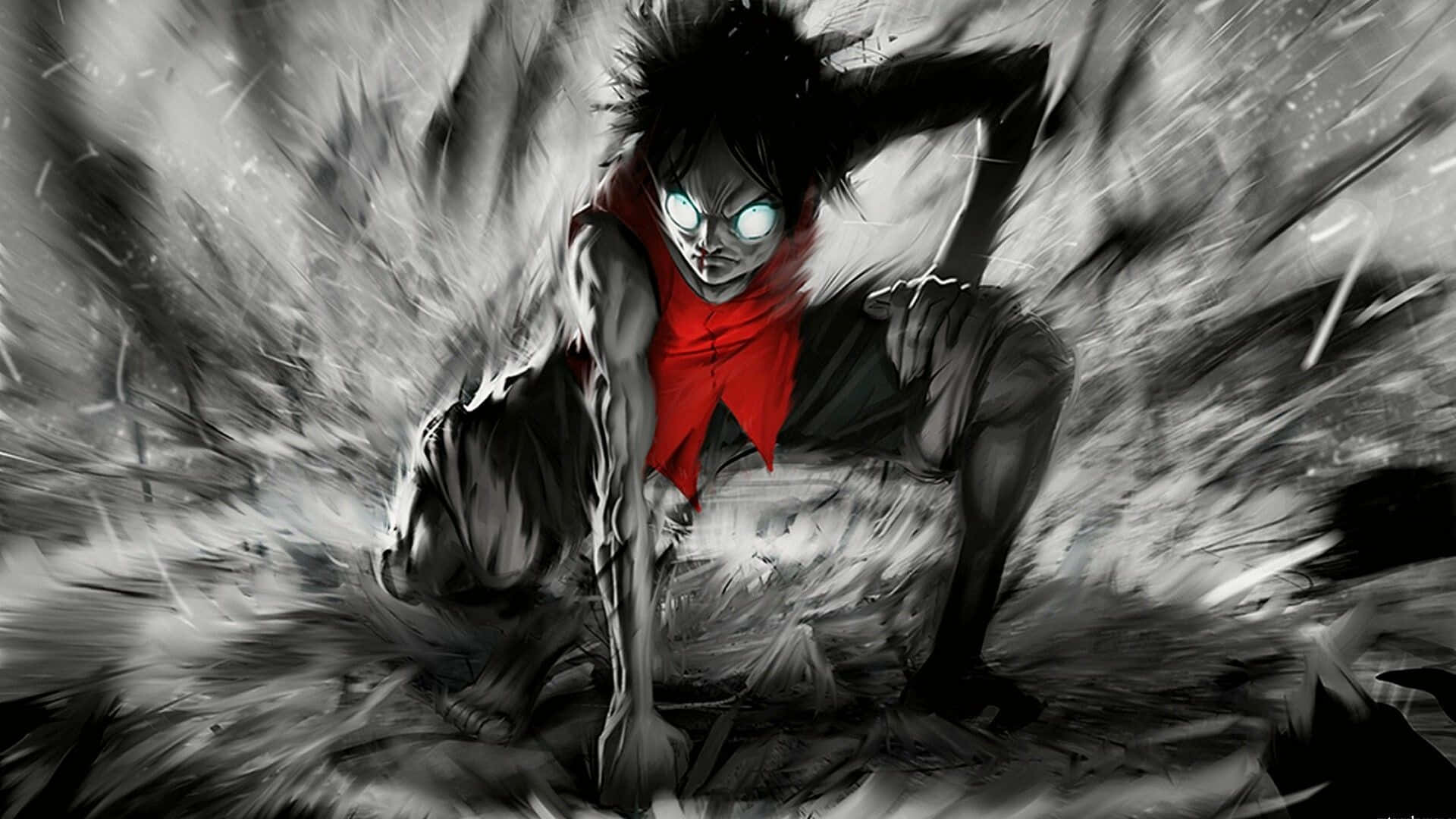 horror anime boy, glowing eyes, red scarf, Full HD Desktop Wallpaper