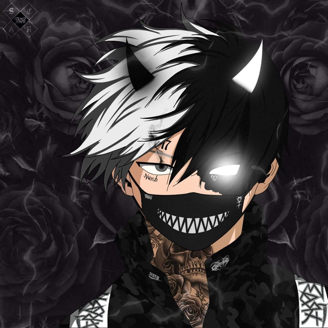 horror anime boy, spiky black and white hair, skull tattoo, SD Desktop Wallpaper
