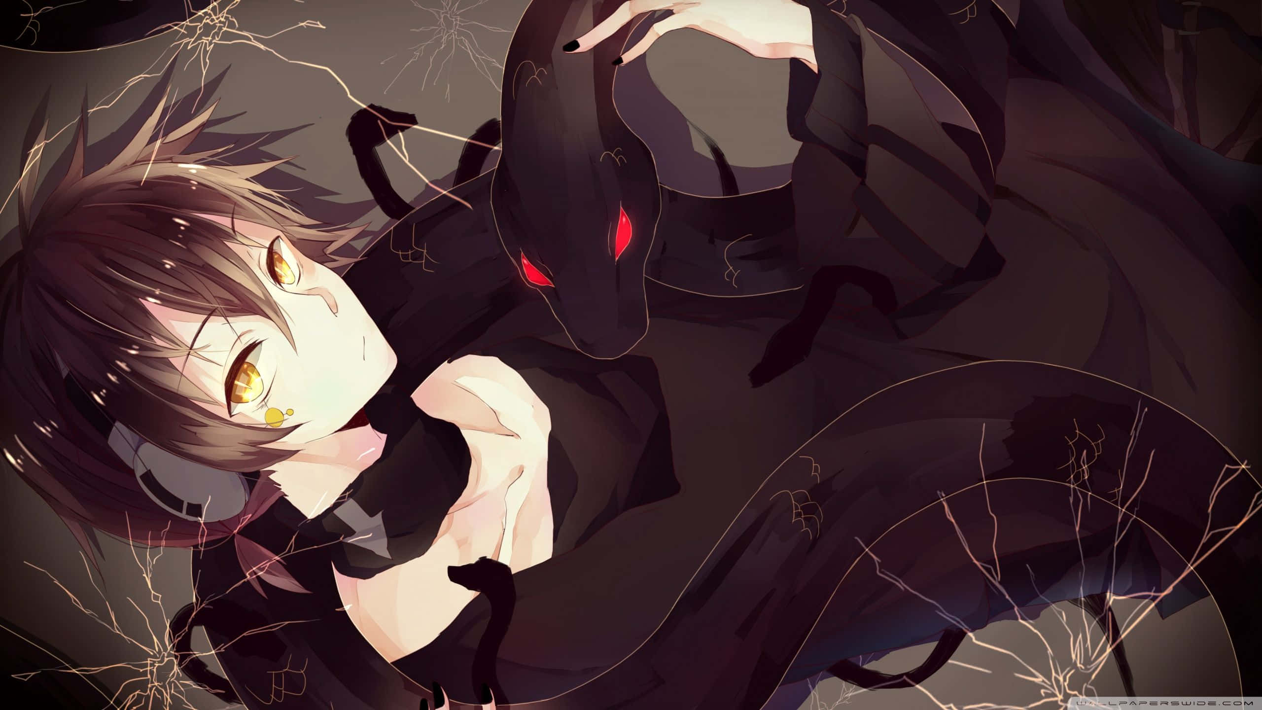 horror anime boy, golden eyes, headphones, 2K Desktop Wallpaper