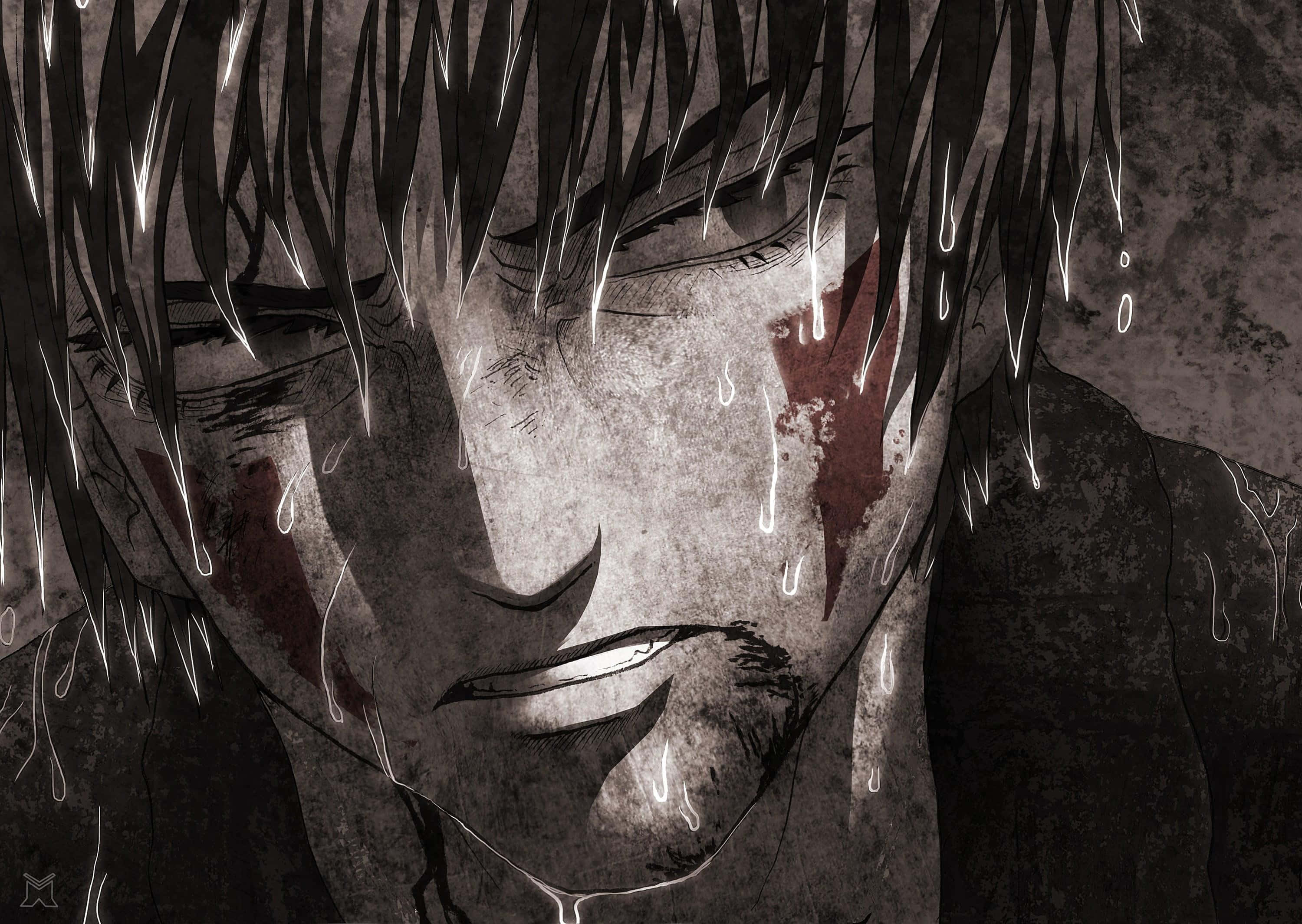 horror anime boy, rain streaking, blood dripping, 2K Desktop Wallpaper