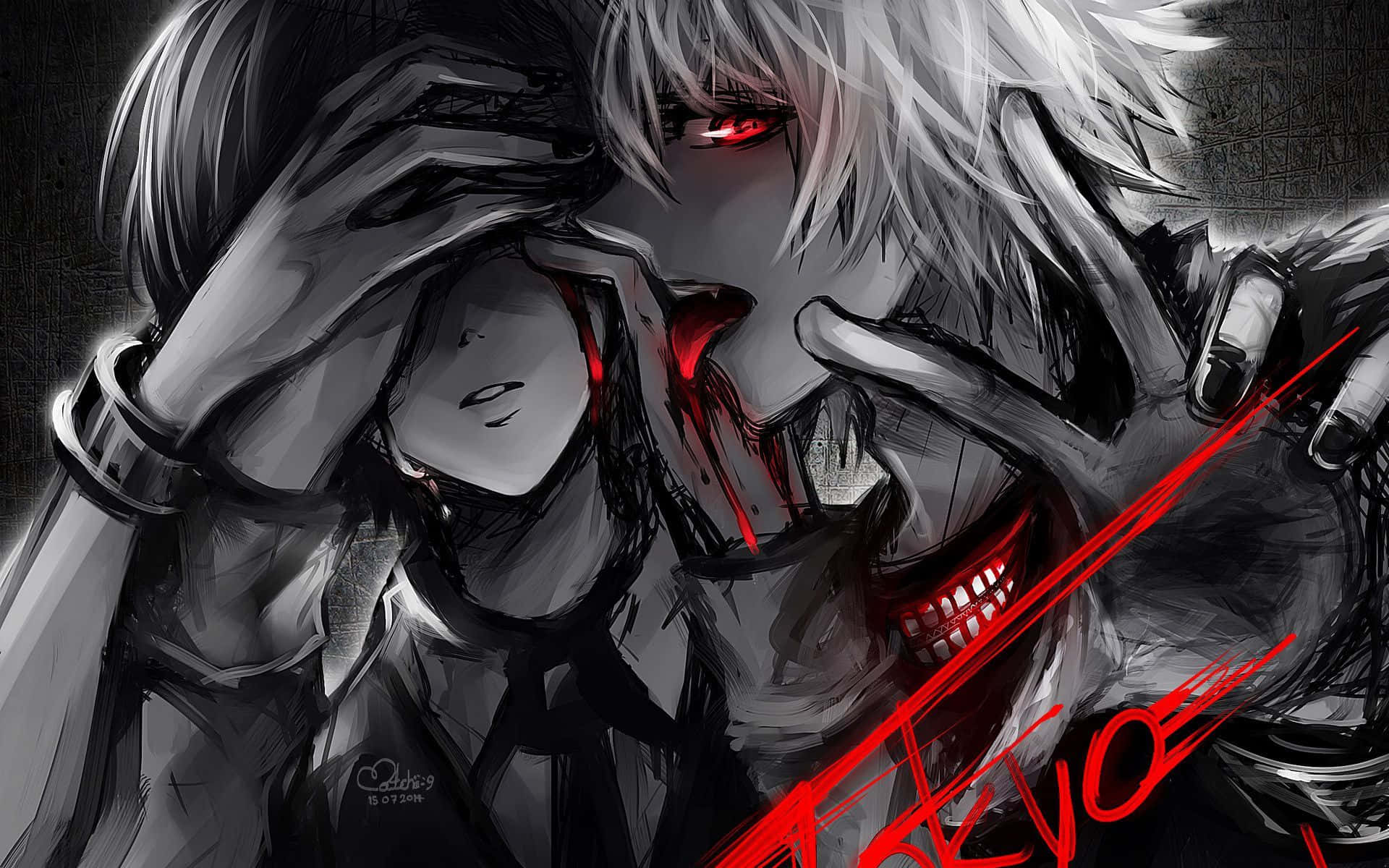 horror anime boy, white-haired figure, red eyes, Full HD Desktop Wallpaper