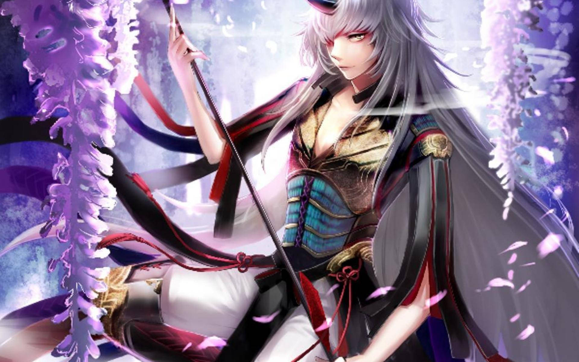 silver-haired anime warrior, ornate armor, staff, Full HD Desktop Wallpaper