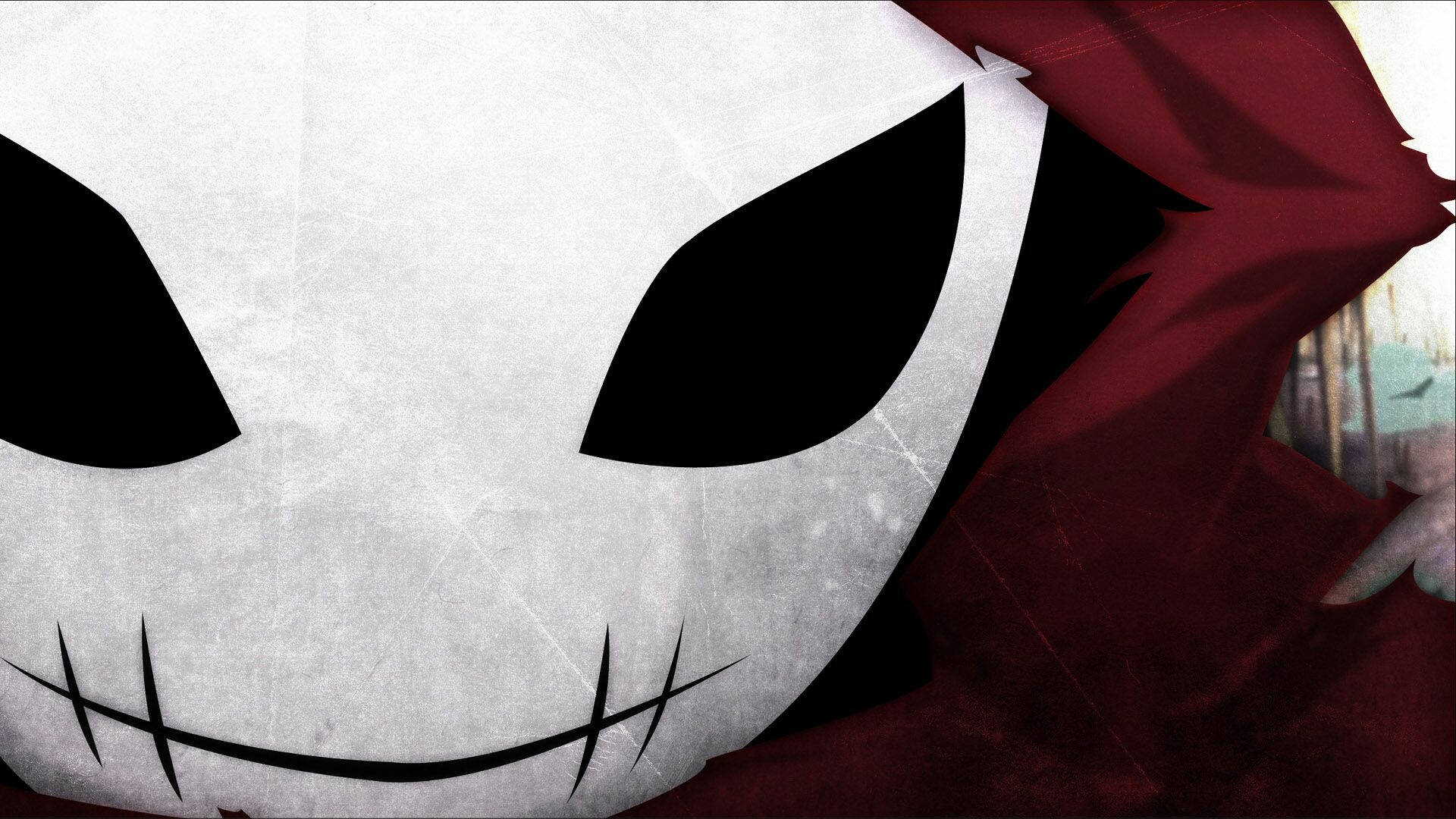 white masked face, black eye slits, stitched grin, Full HD Desktop Wallpaper