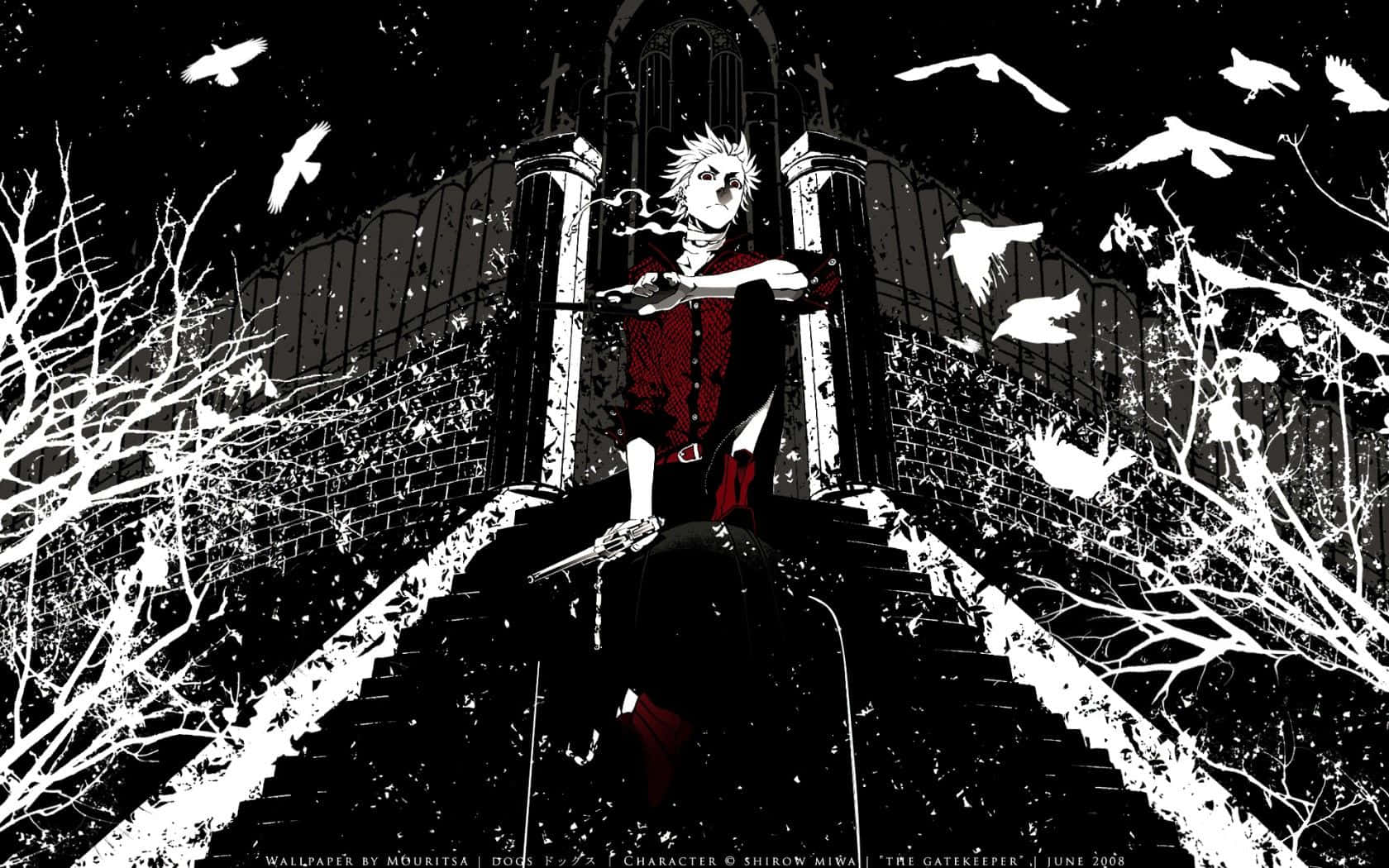 spiky-haired anime character, red and black, stone steps, HD Desktop Wallpaper