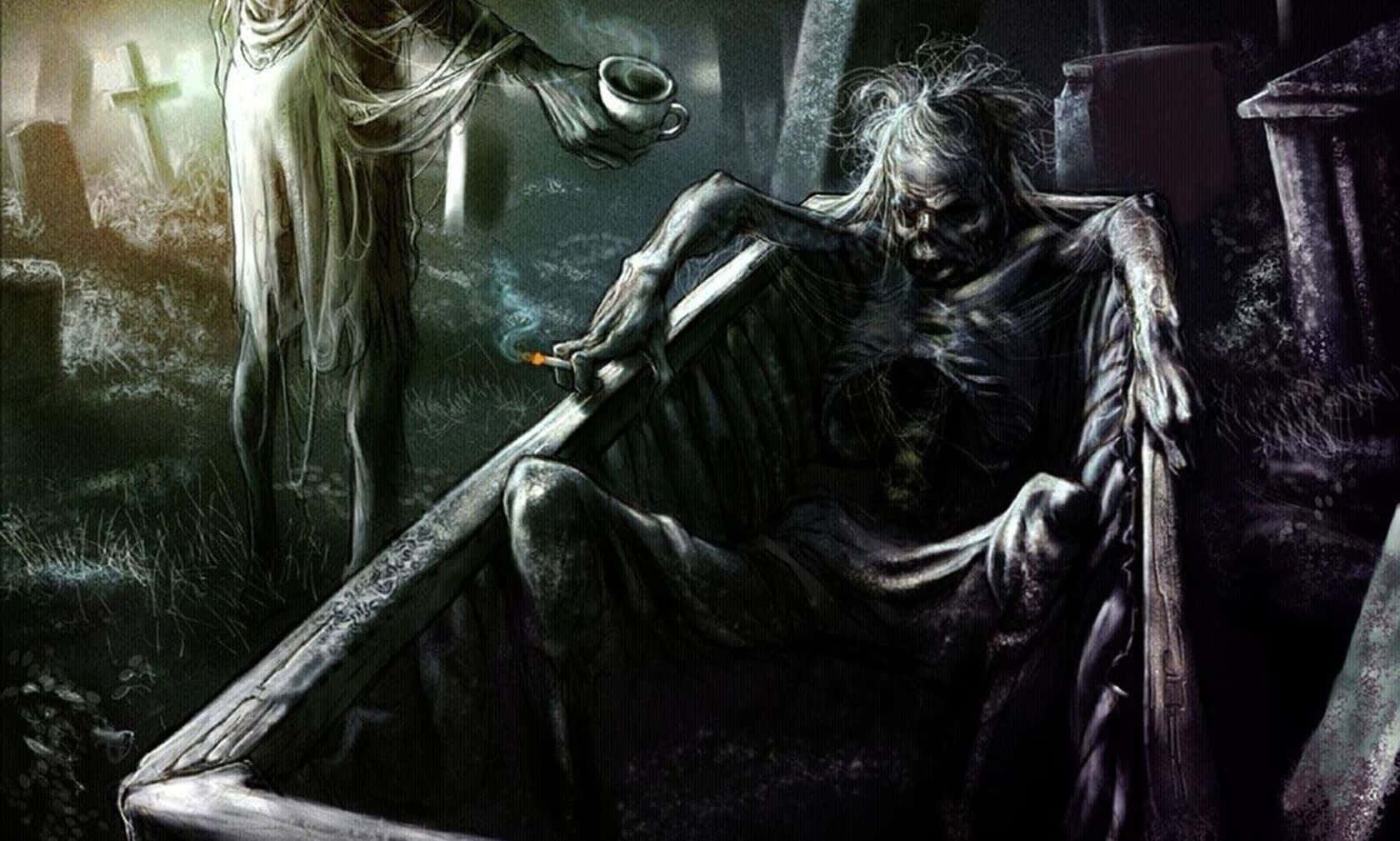 skeletal figure, coffin, misty graveyard, HD Desktop Wallpaper