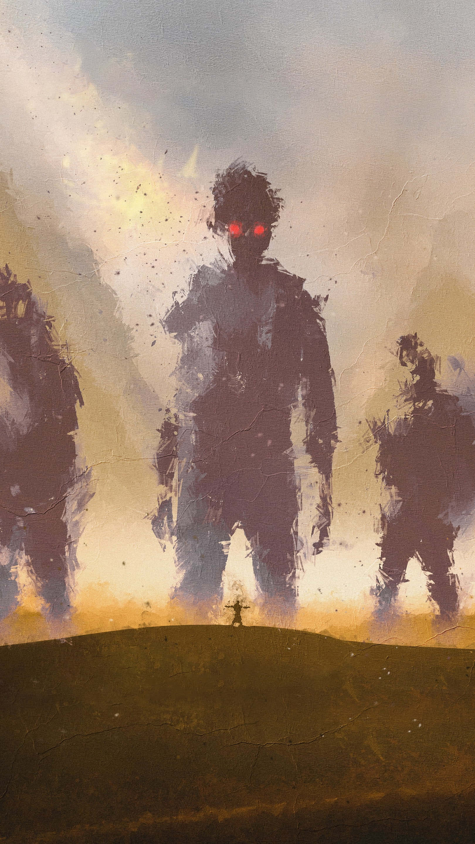 Horror Anime, towering shadowy giants, glowing red eyes, 2K Phone Wallpaper