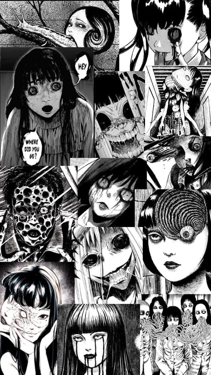 horror anime, black and white manga collage, grotesque distorted faces, HD Phone Wallpaper