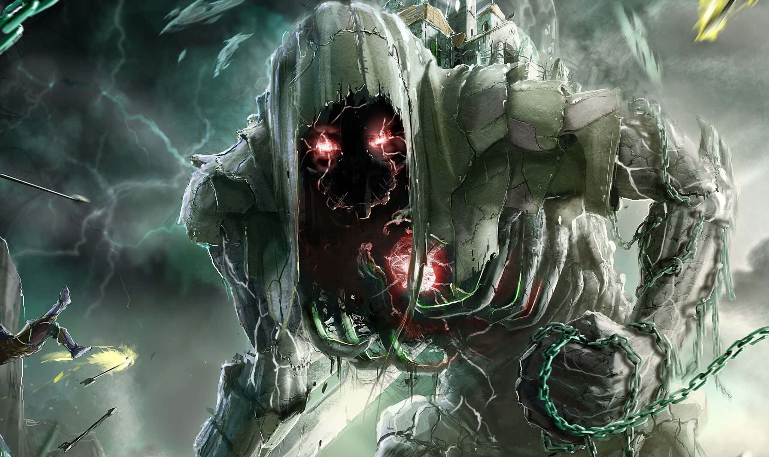 horror anime, colossal stone monster, glowing red eyes, 2K Desktop Wallpaper