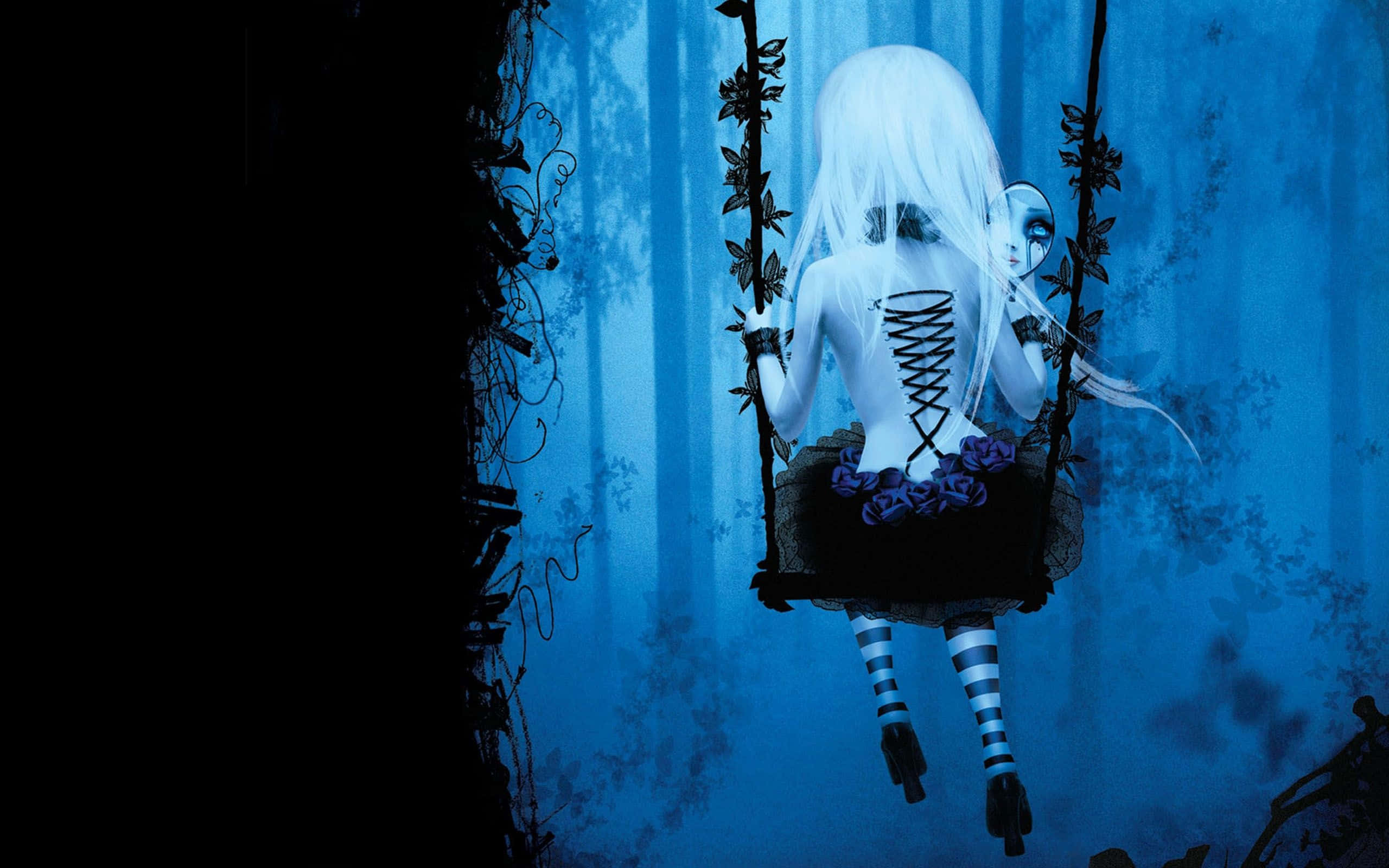horror anime, white hair, dark blue forest, 2K Desktop Wallpaper