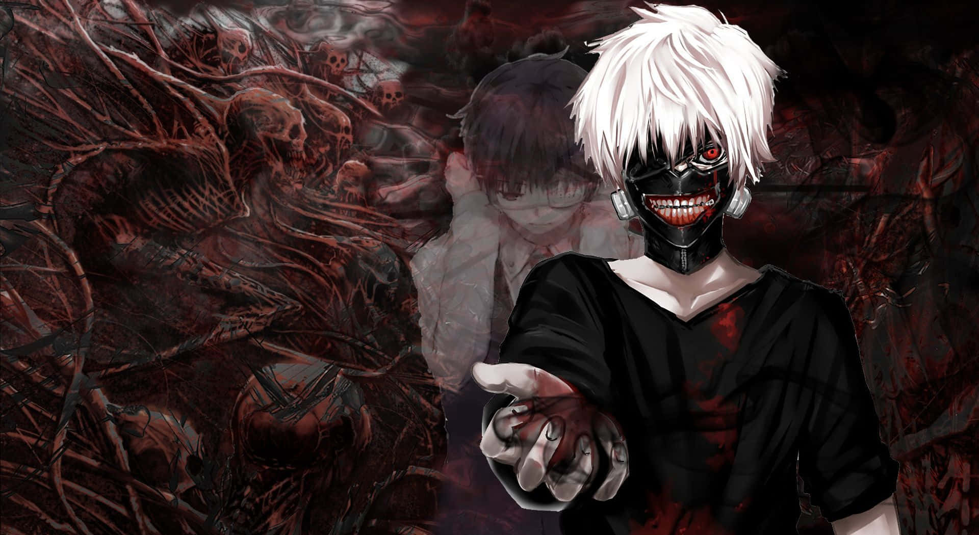 white-haired anime character, black mask, red eyes, Full HD Desktop Wallpaper