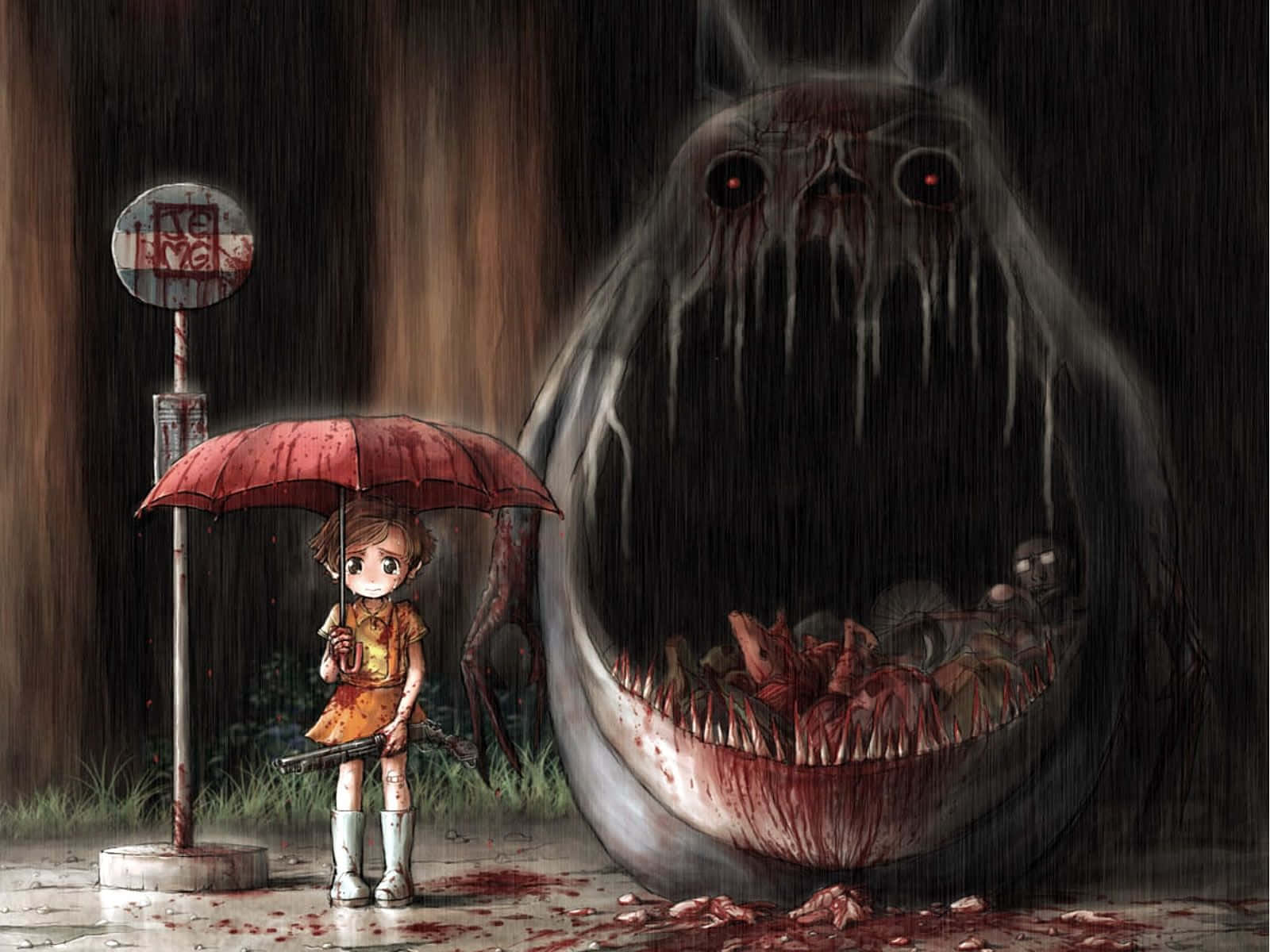 horror anime, red umbrella, monstrous gaping maw, HD Desktop Wallpaper