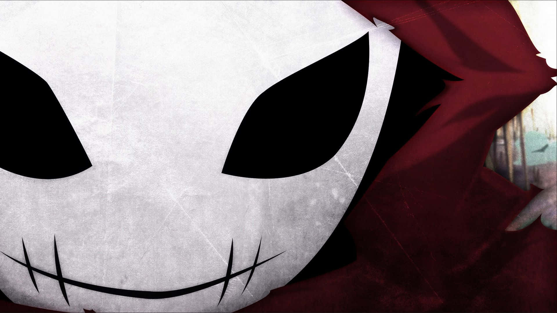 white masked face, black eyes, stitched grin, Full HD Desktop Wallpaper