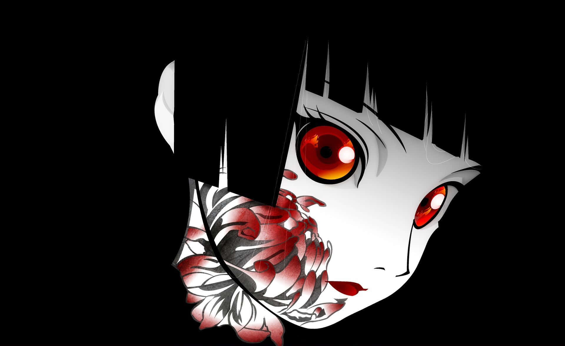 horror anime, red eyes, half her face covered in red floral tattoos, Full HD Desktop Wallpaper