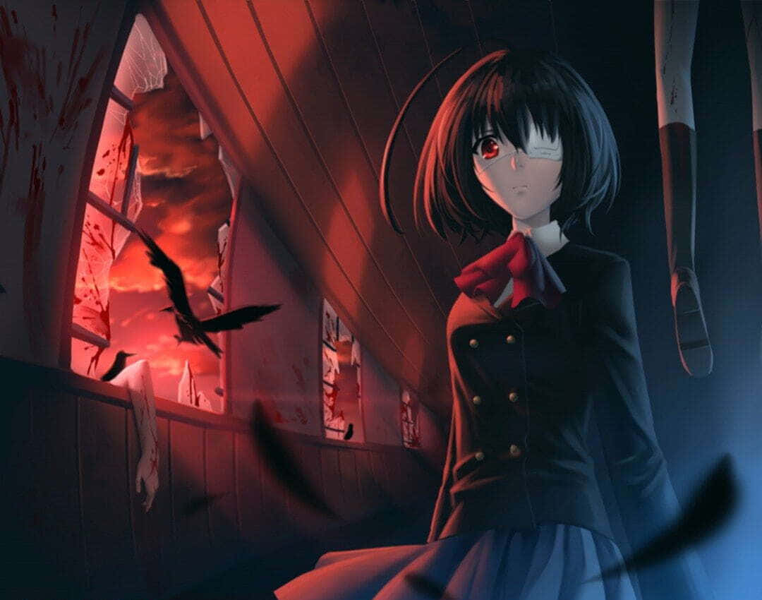 dark-haired anime girl, red eyes, blood-splattered room, SD Desktop Wallpaper
