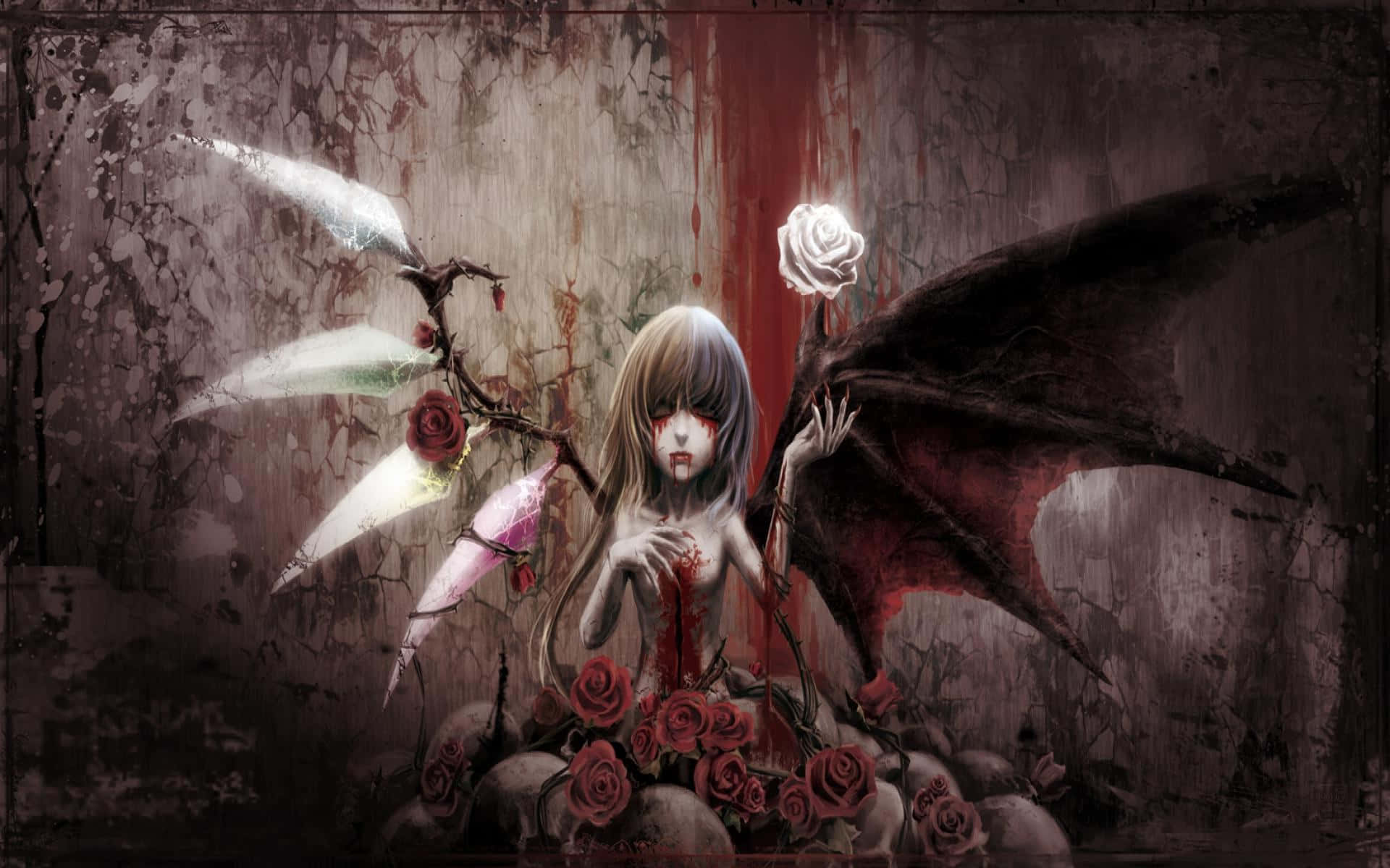 horror anime, anime girl, bat wings, Full HD Desktop Wallpaper