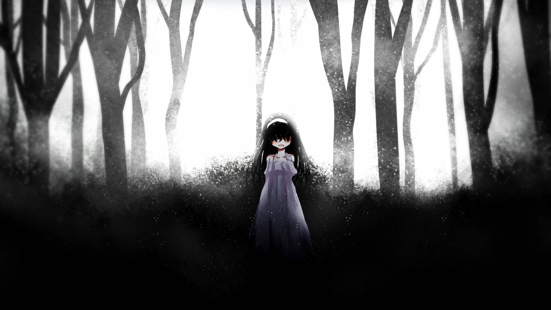 Creepy Anime Character, purple dress, dark forest, Full HD Desktop Wallpaper