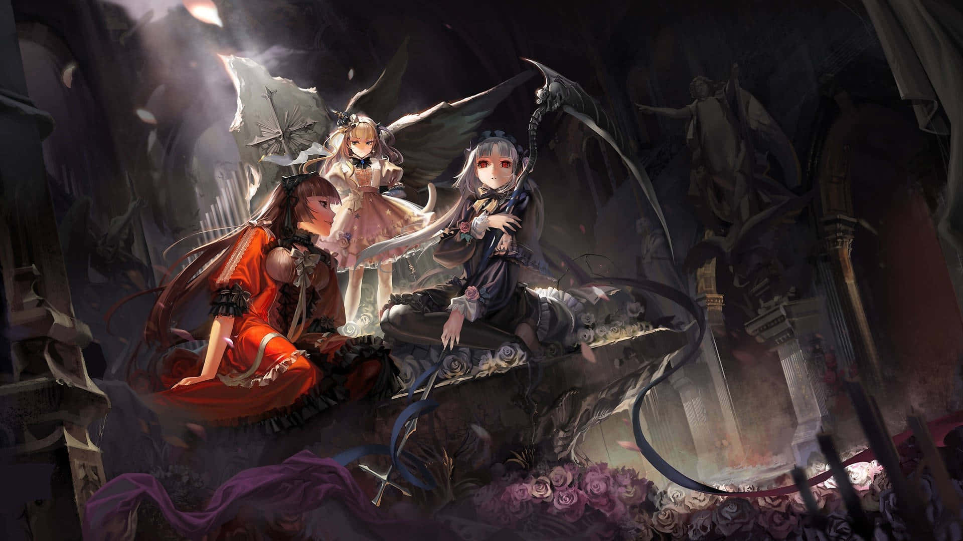 Anime Aesthetic Scary Girls PS4, three anime girls, wings, Full HD Desktop Wallpaper