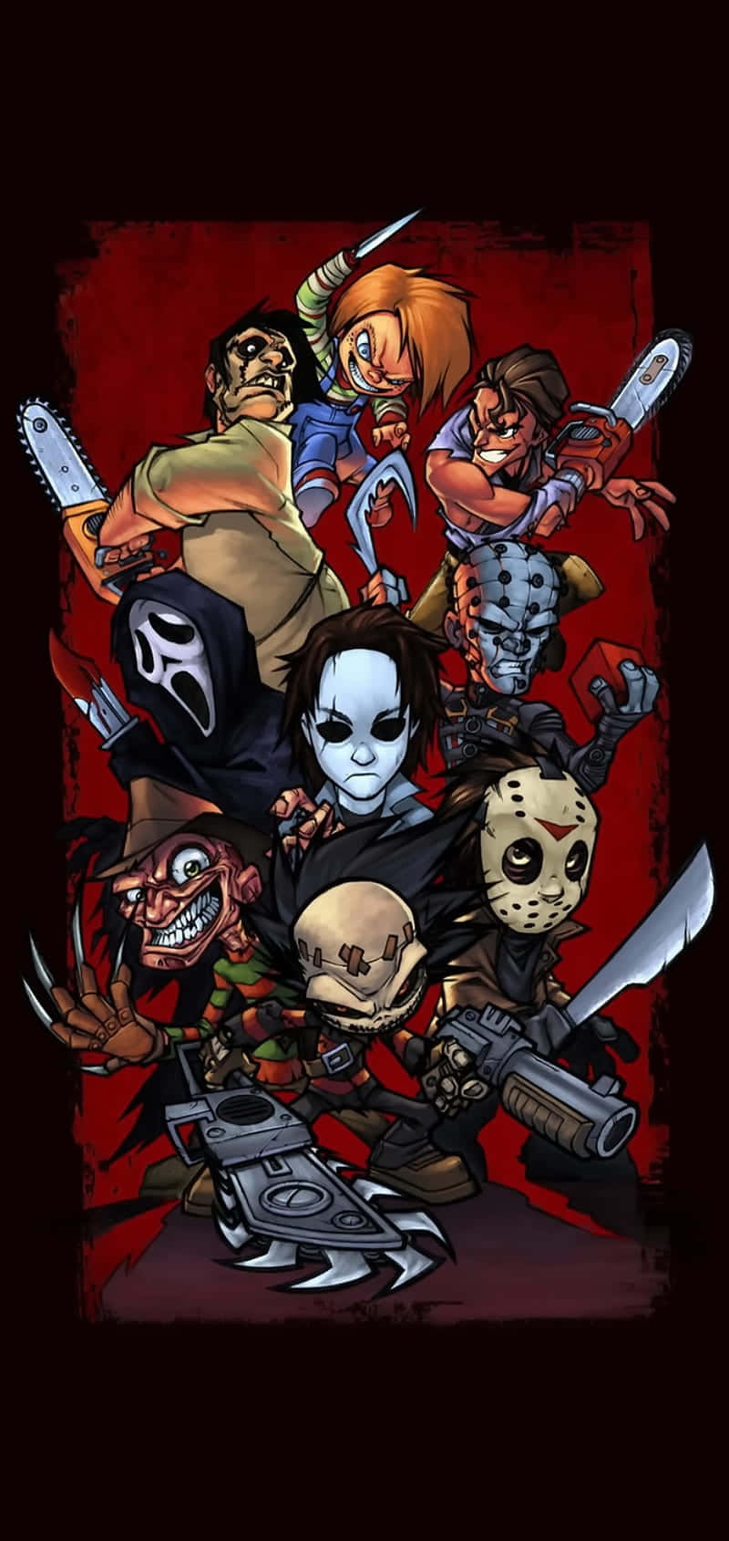 animated horror villains group artwork, iconic masked killers, weapons, HD Phone Wallpaper
