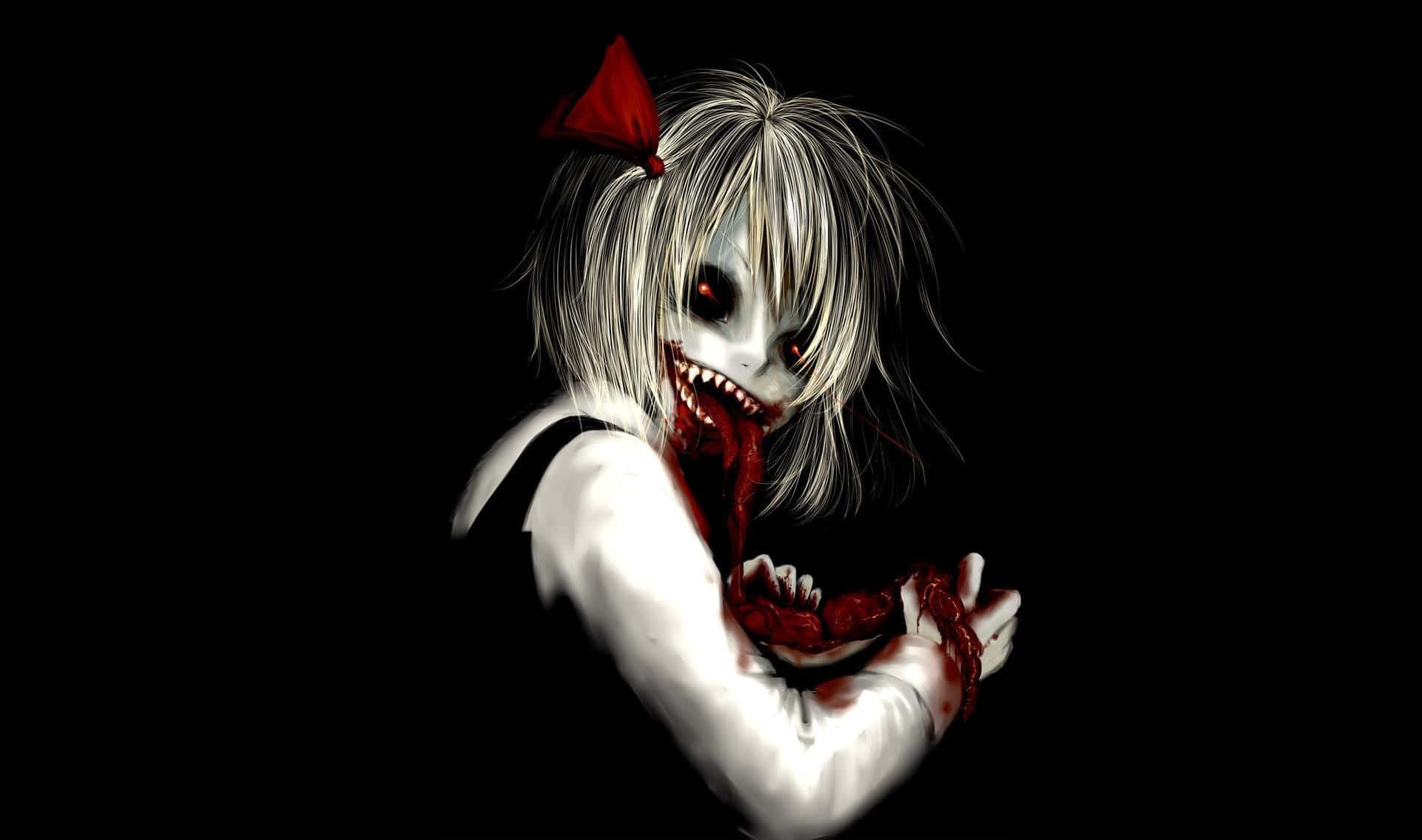 scary anime girl, white hair, red eyes, Full HD Desktop Wallpaper