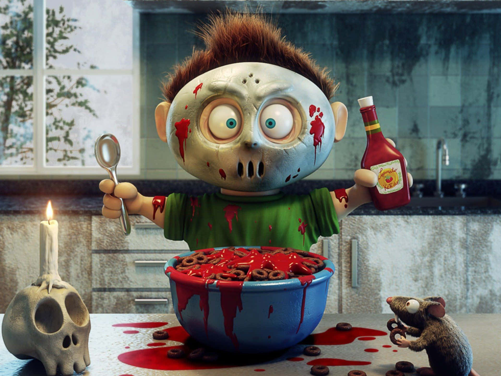 cartoonish zombie child, kitchen, cereal drenched in red sauce, Full HD Desktop Wallpaper