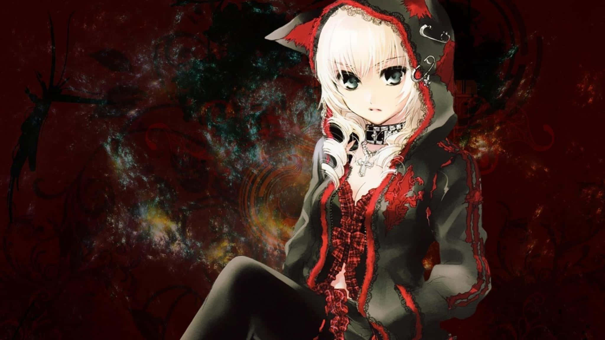 anime girl, white hair, red hooded outfit, Full HD Desktop Wallpaper