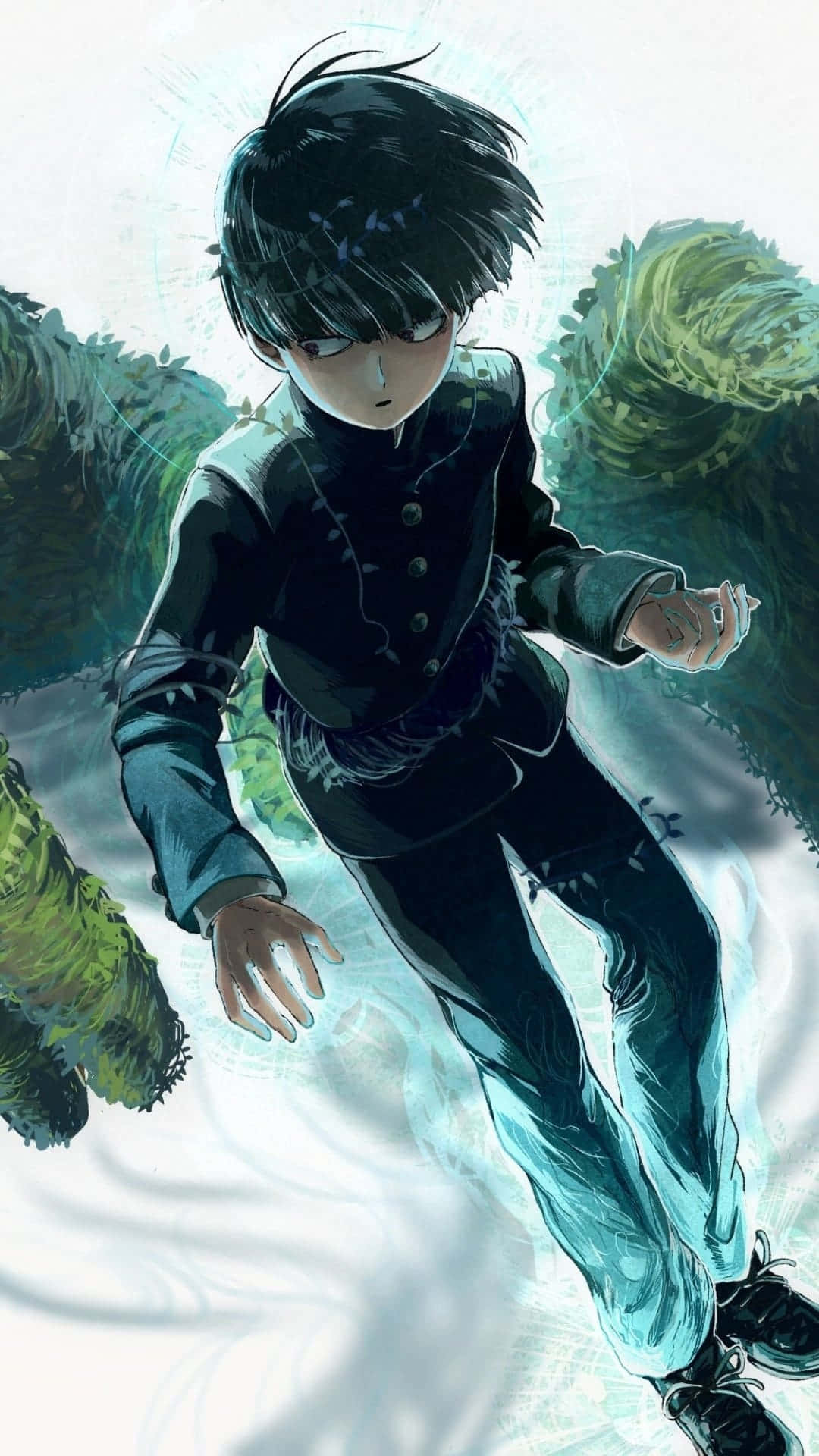 horror anime boy, dark uniform, swirling green foliage, Full HD Phone Wallpaper