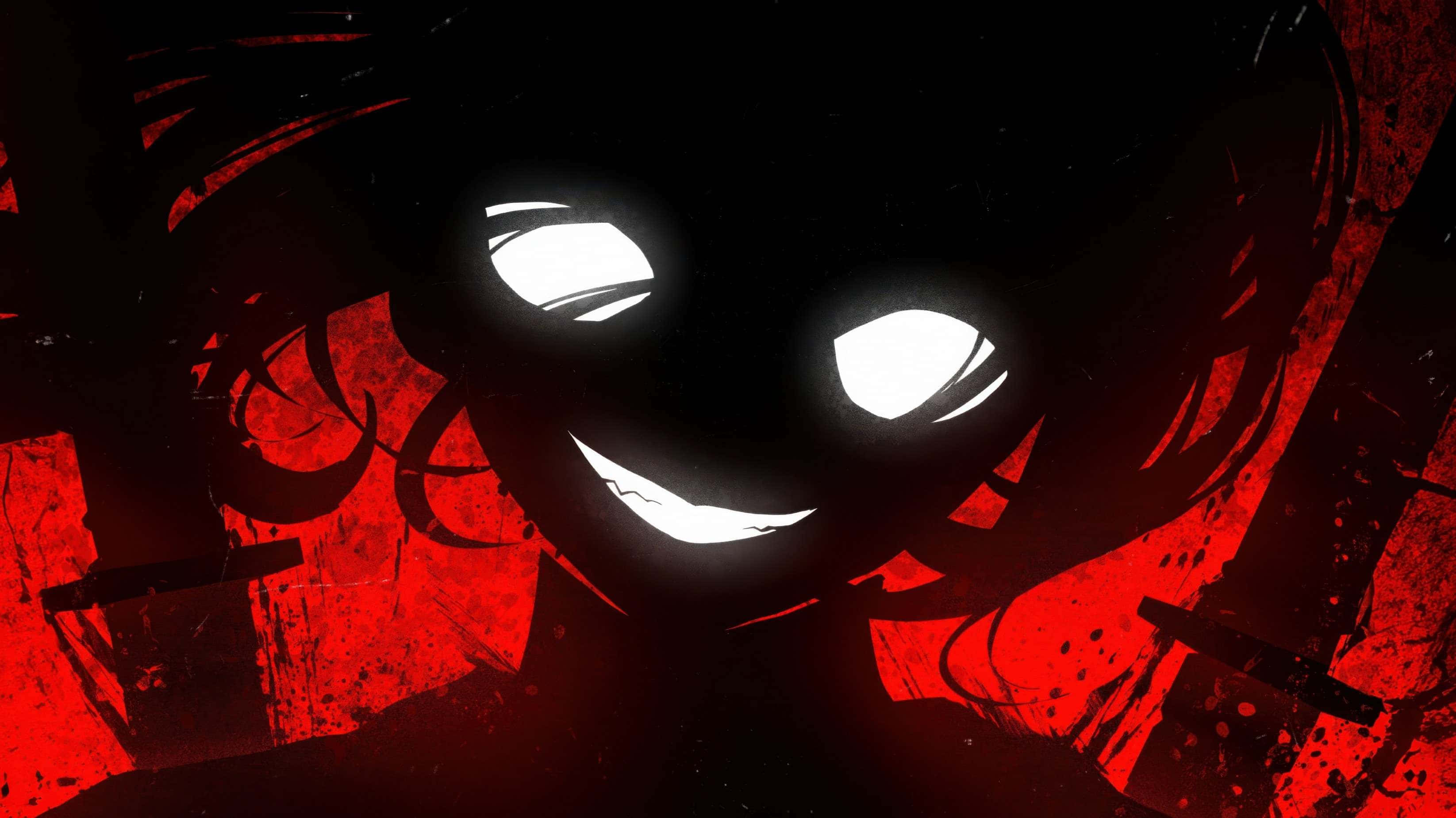 dark anime villain, glowing white eyes, jagged grin, 2K Desktop Wallpaper