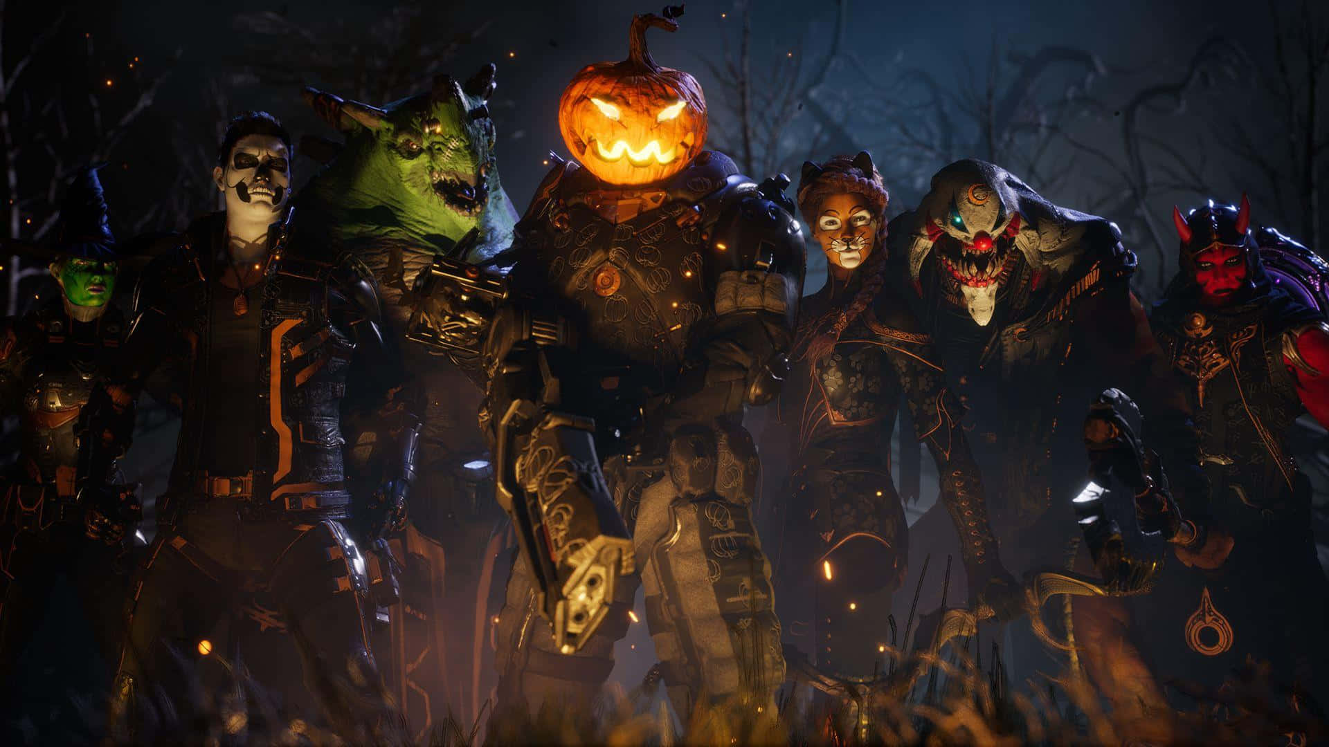 Halloween-themed armored characters, glowing jack-o-lantern heads, dark eerie forest, Full HD Desktop Wallpaper