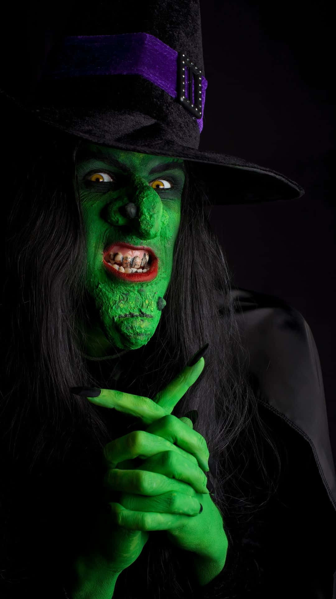 green-skinned witch, glowing yellow eyes, black hat, Full HD Phone Wallpaper
